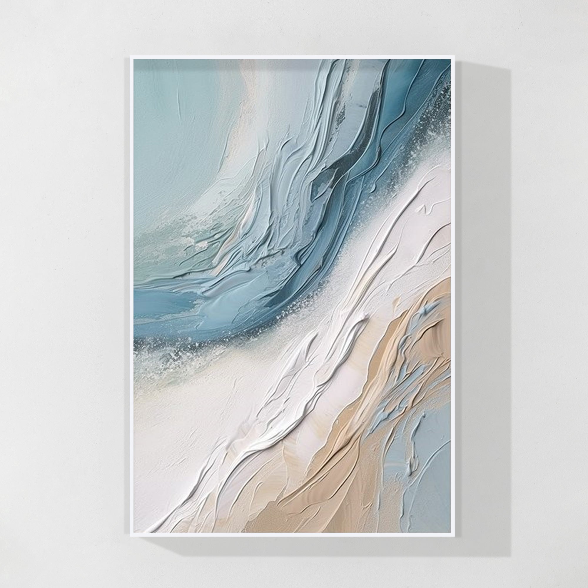 Cream White Blue 3D Textured Abstract Ocean Wave Painting