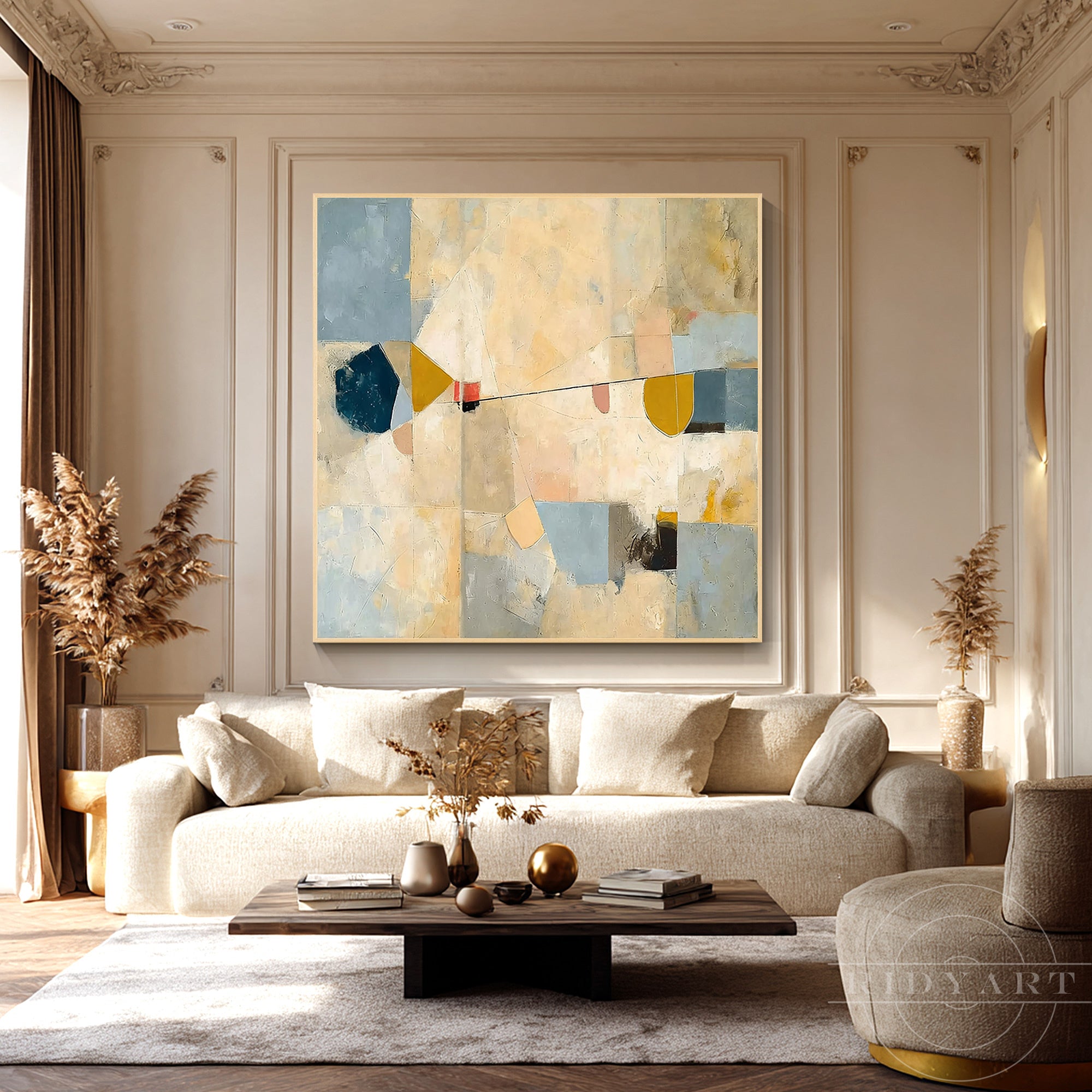 Large square mid-century abstract canvas painting with warm beige and mustard yellow tones hanging above a beige sofa in a French modern living room.