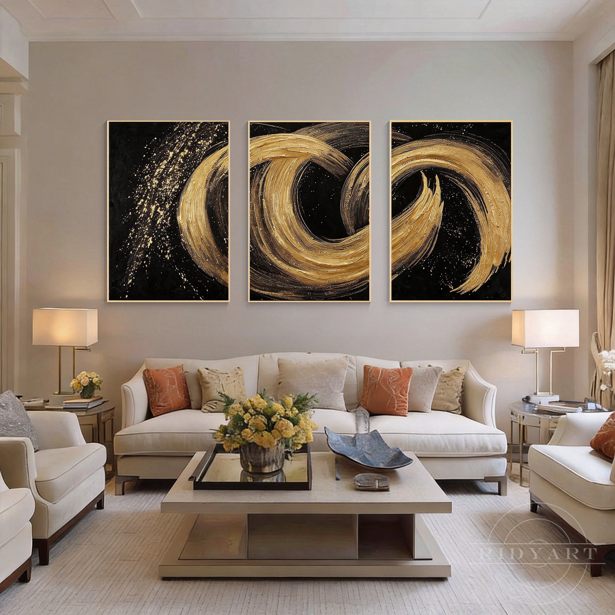 Large 3-piece black and metallic gold foil canvas wall art displayed on a beige living room wall above a modern luxury fabric sofa.