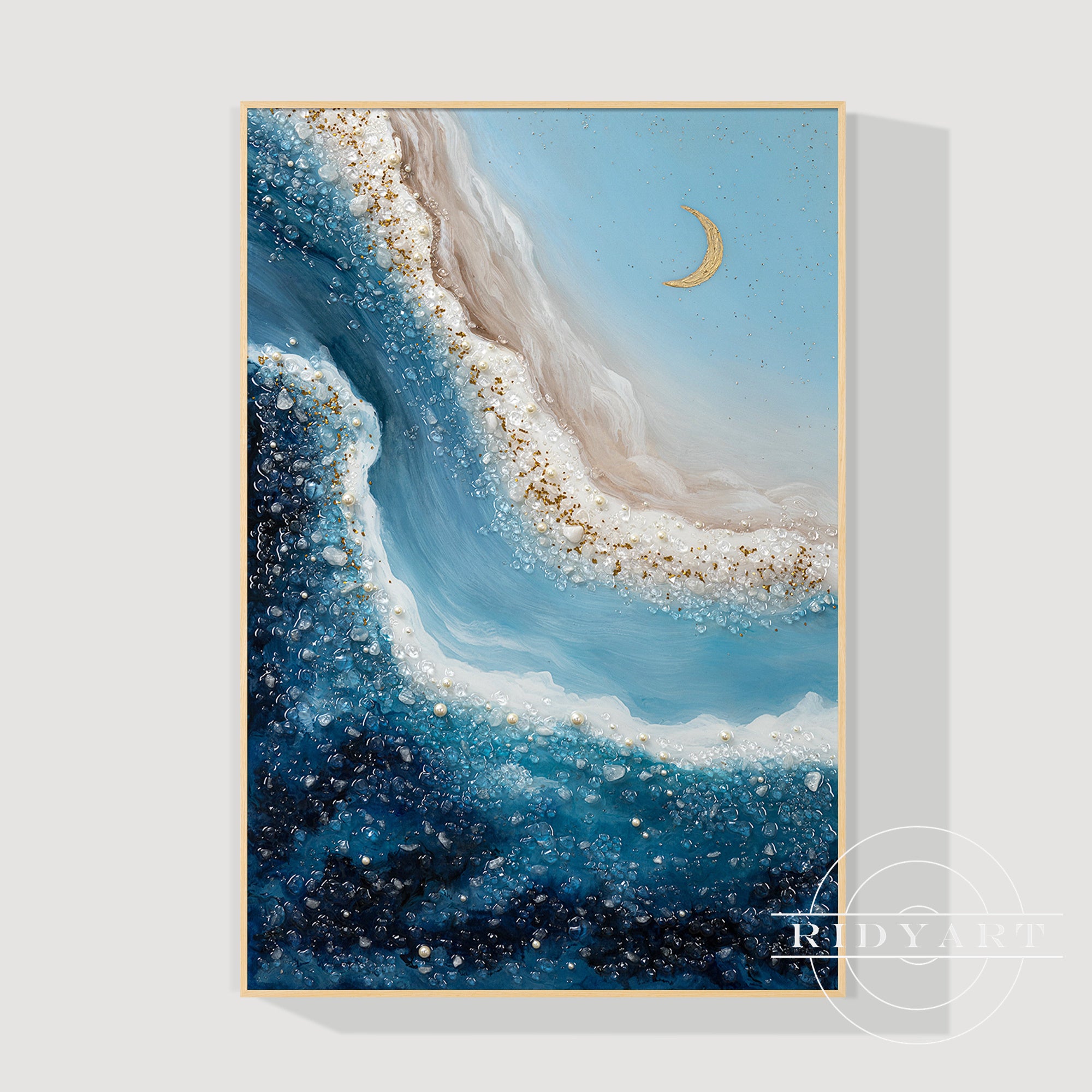 handmade abstract resin seascape painting with moonlight tones