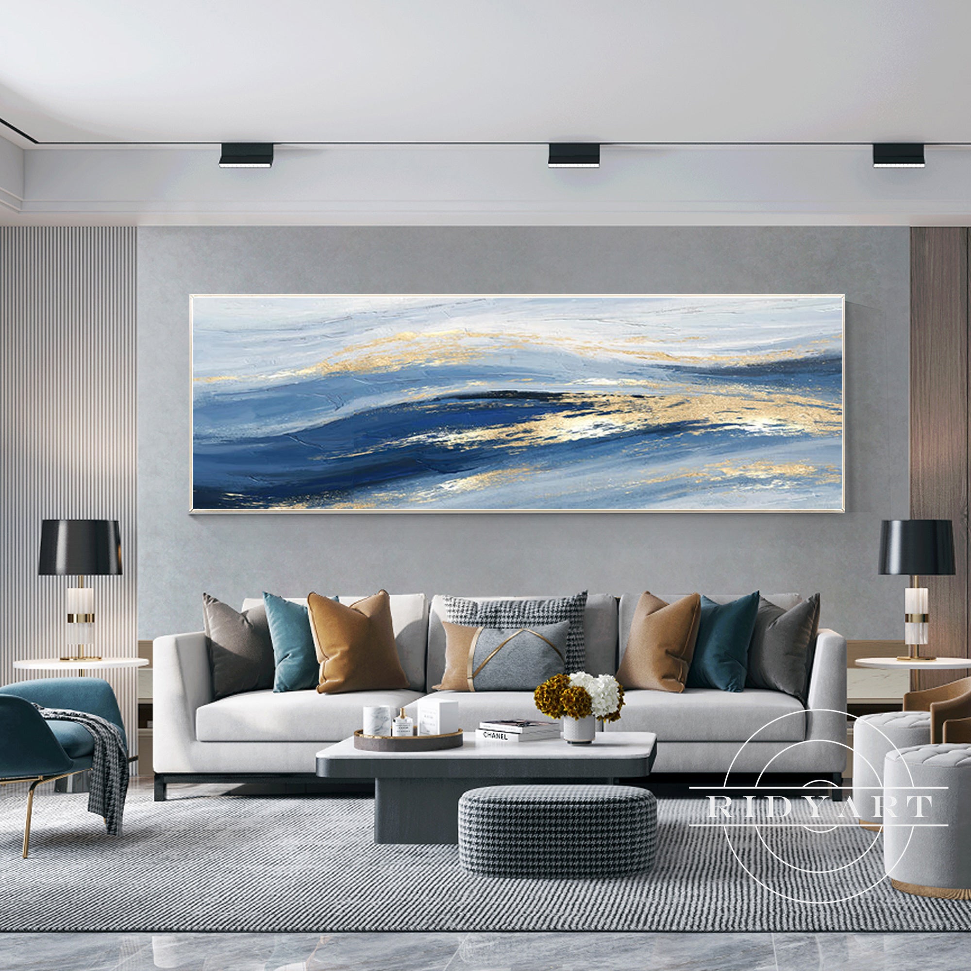 Large modern wall decor for living room in blue and gold