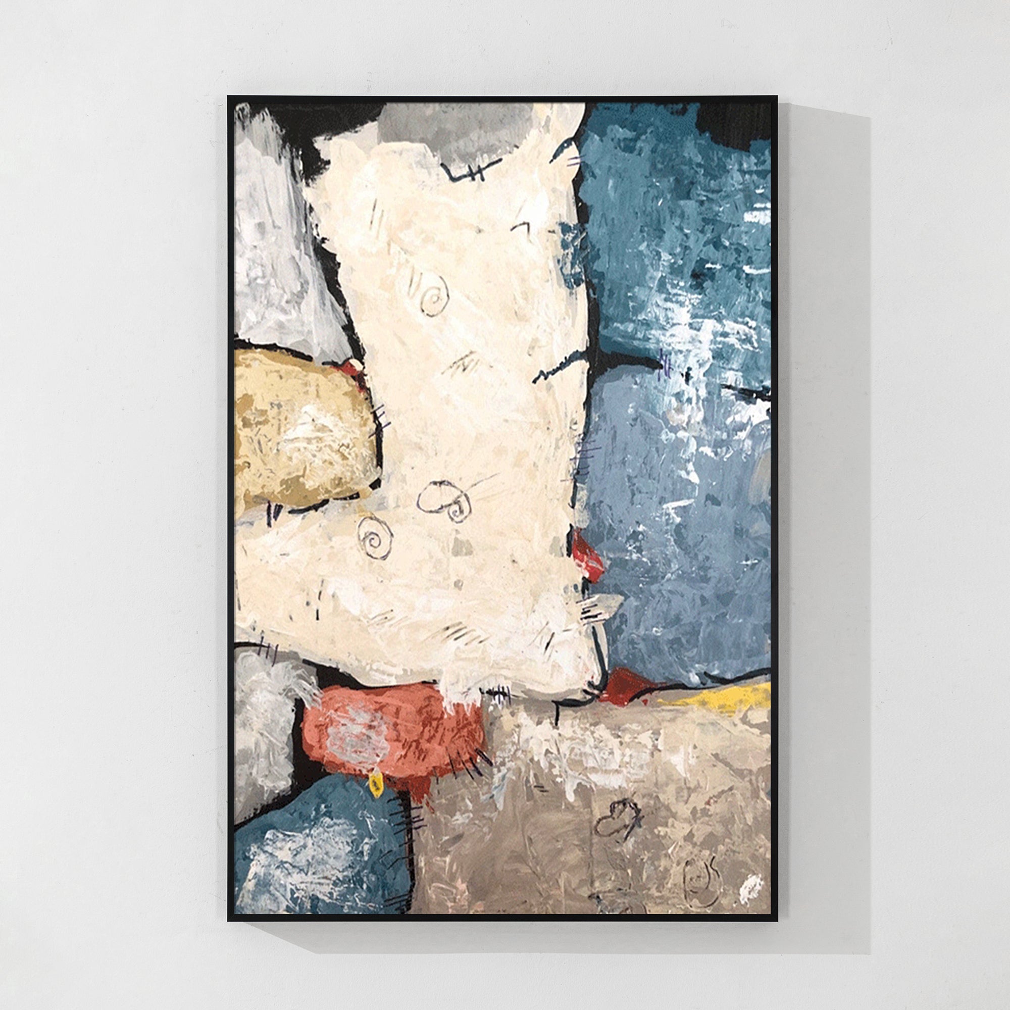 Abstract blue and beige canvas painting with neutral tones