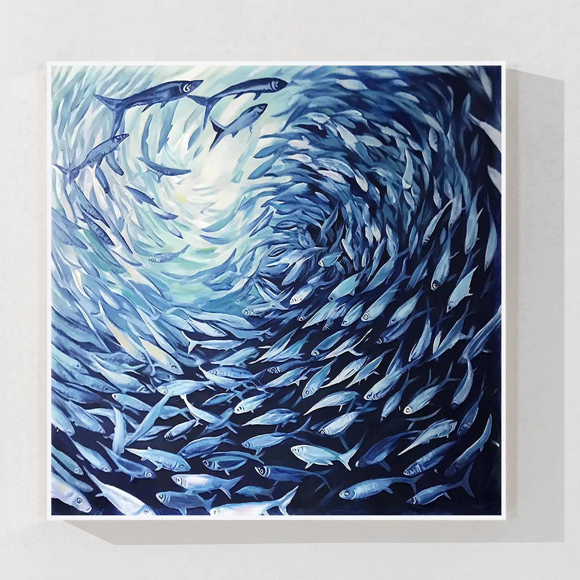 Abstract blue fish swirl painting with coastal ocean theme