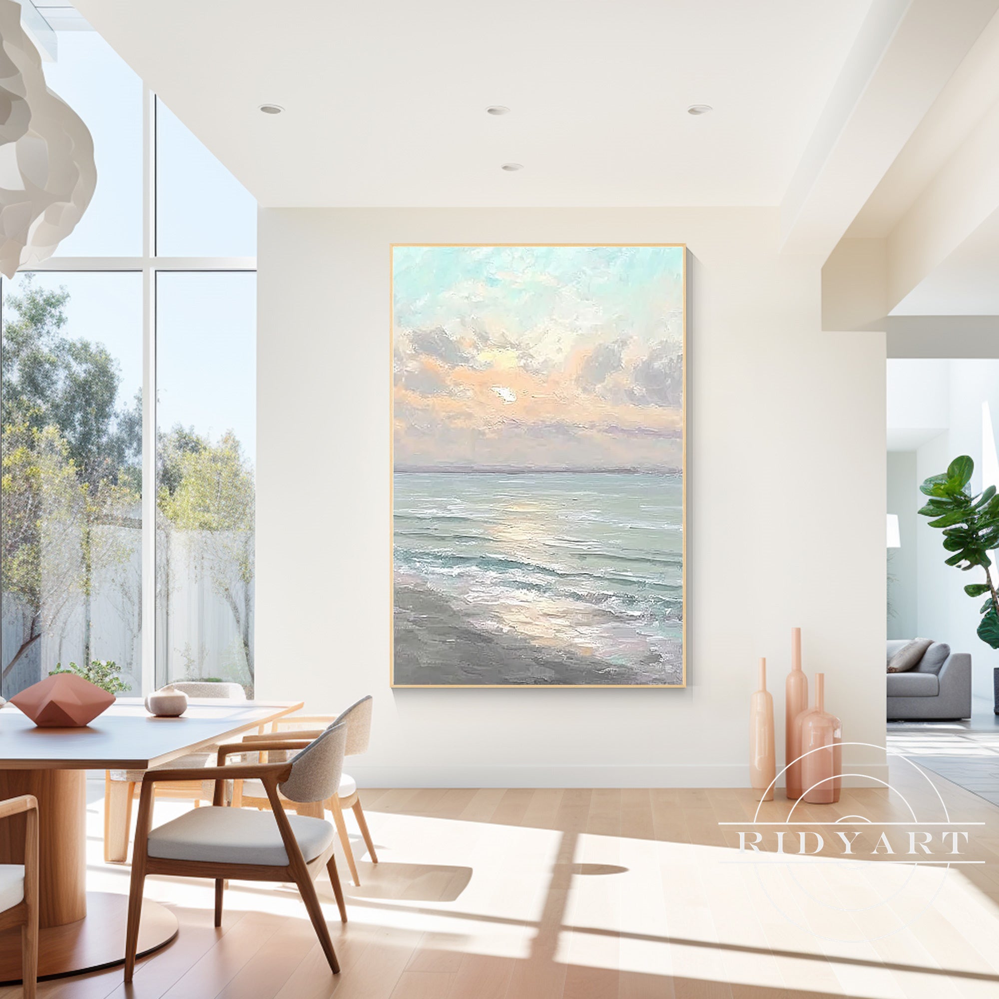 Original beach landscape canvas painting with sunrise sky
