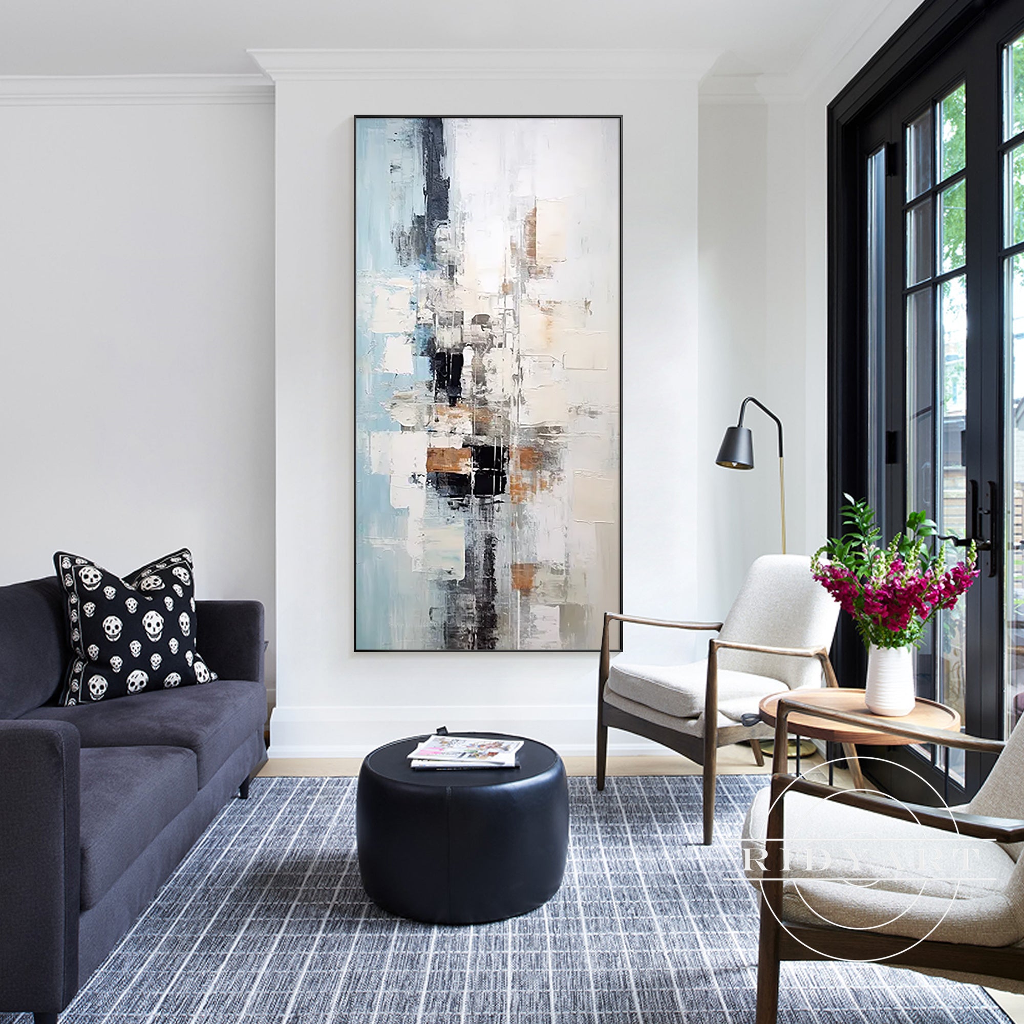 Abstract blue wall art with gray and black accents