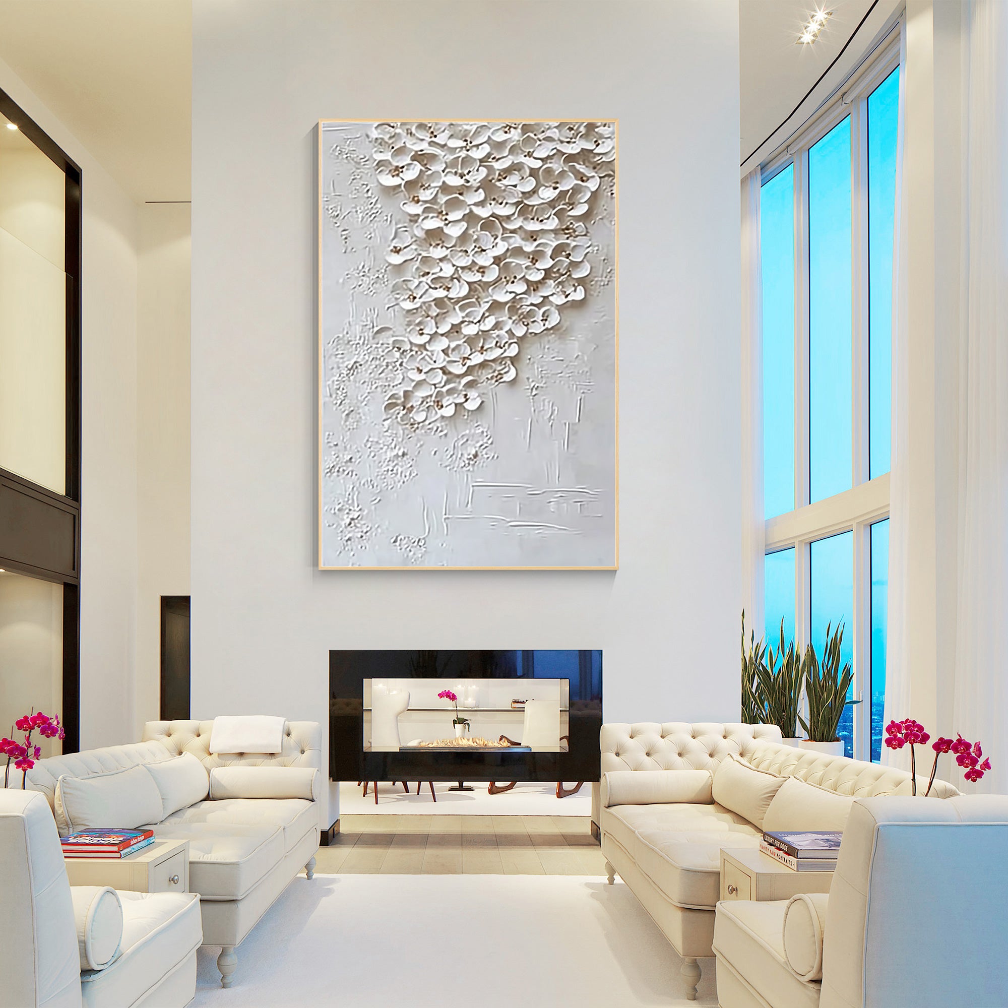 Botanical white flower painting living room decor