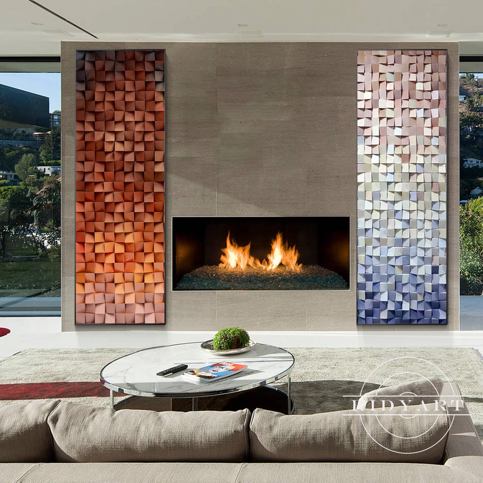 Abstract geometric wood wall art with textured surface