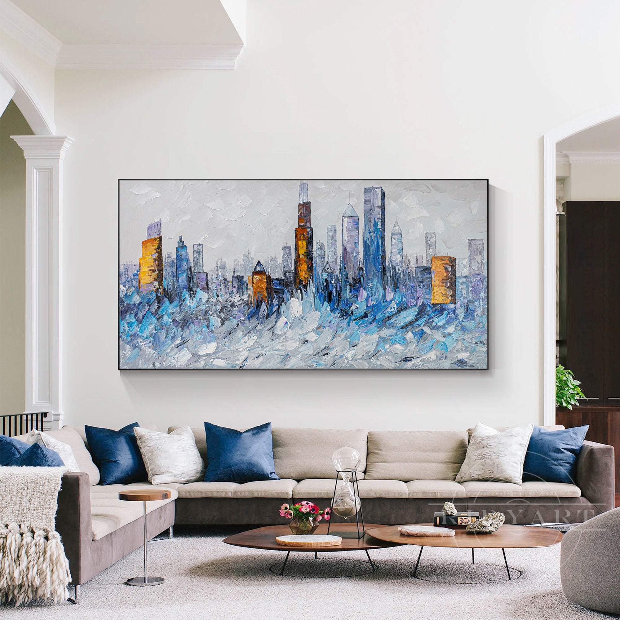 Textured blue and gold Chicago skyline painting.