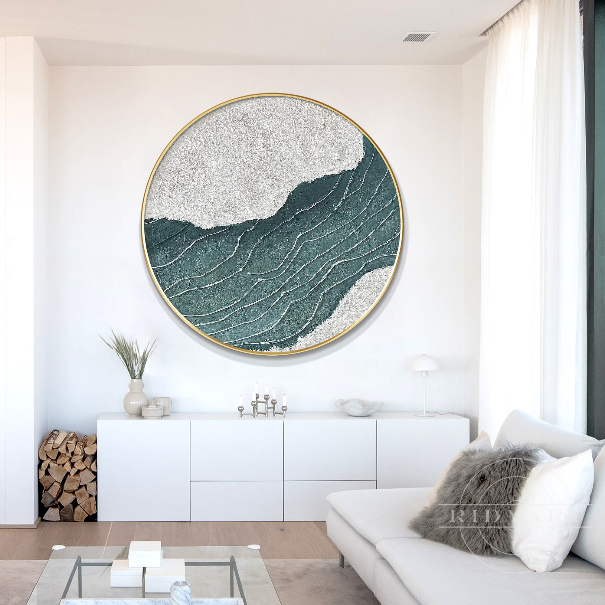 Hand-painted circular ocean artwork with blue-green waves and gray tones