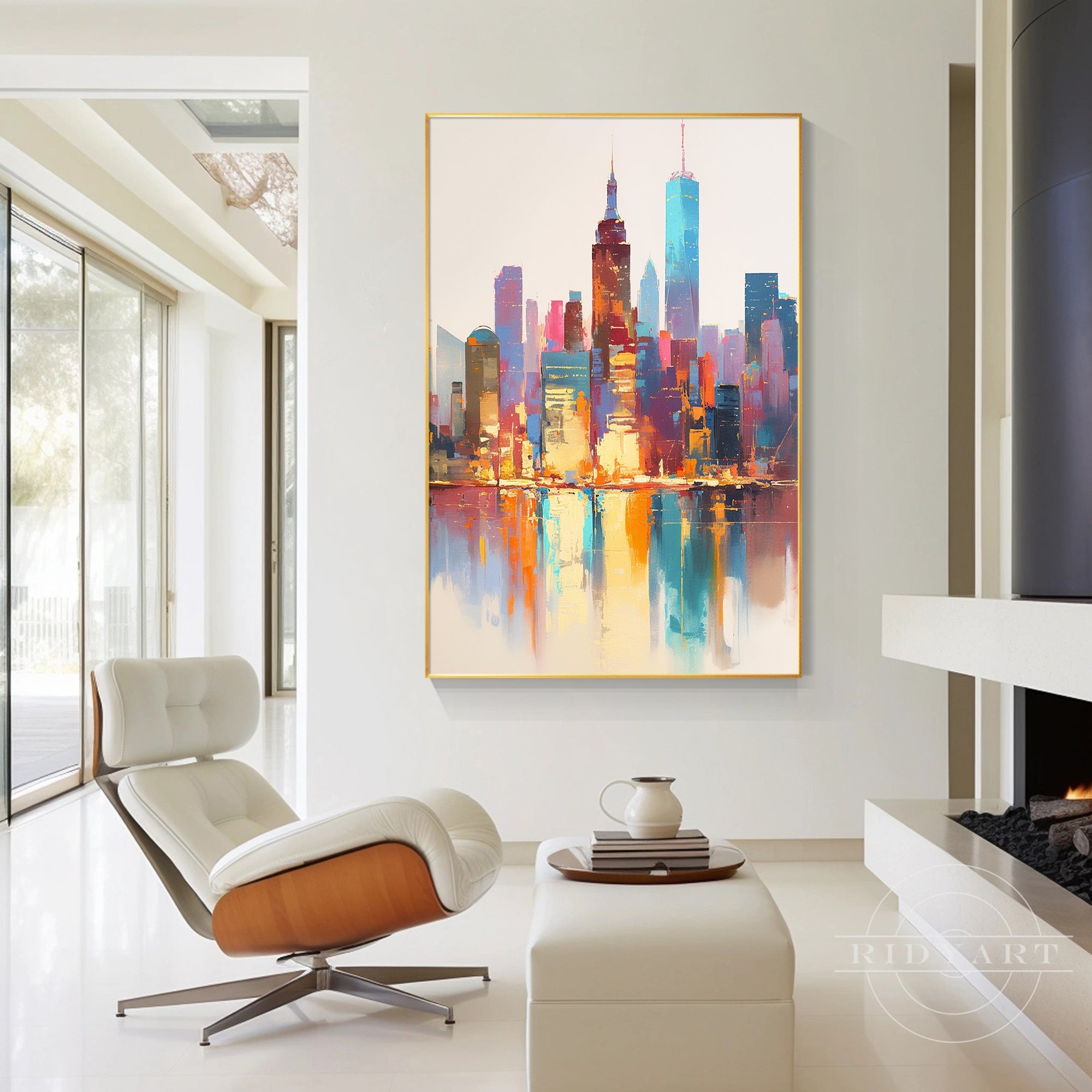 Abstract city wall art with vibrant brown and blue colors for home decor.