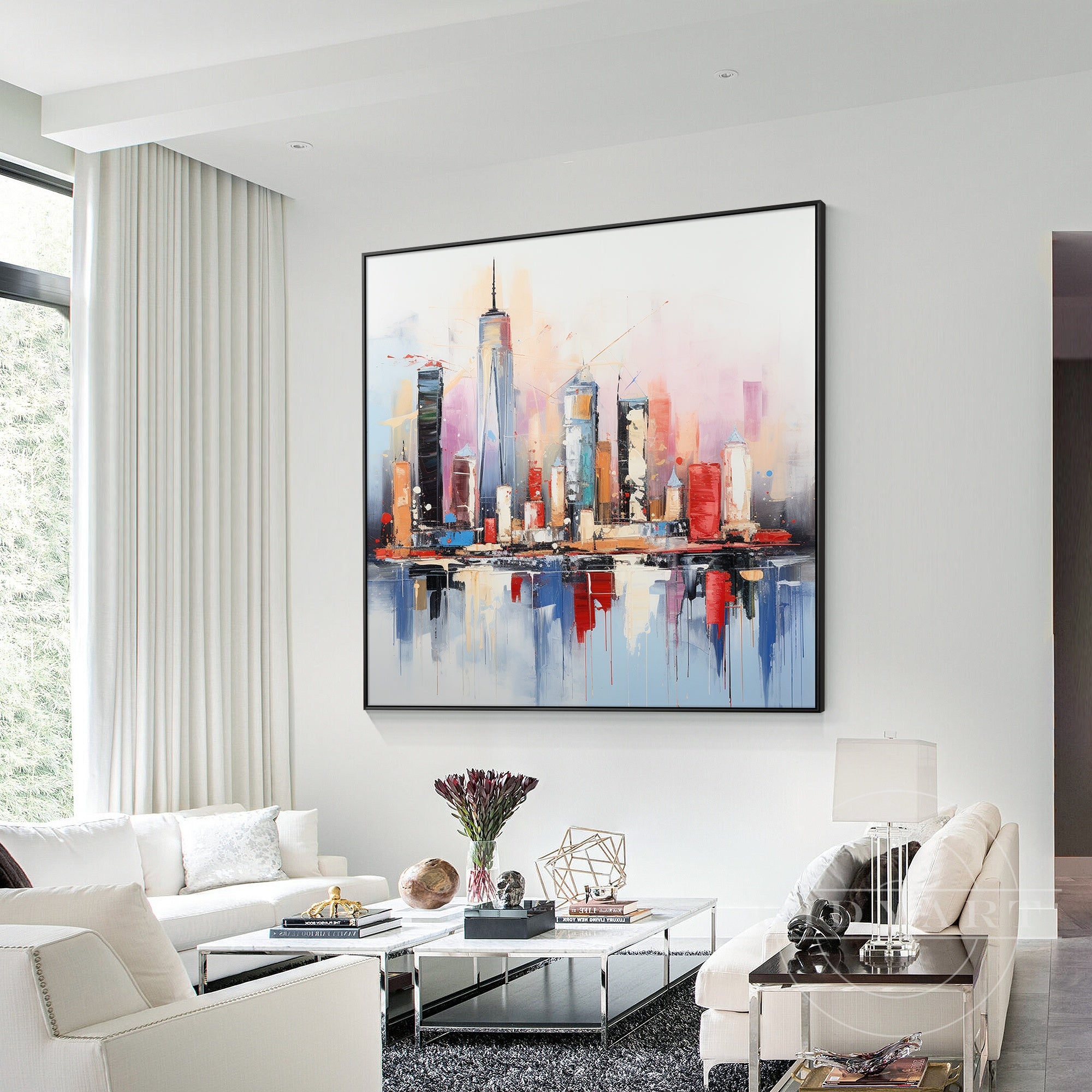 Abstract city wall art with vibrant colors for modern home decor