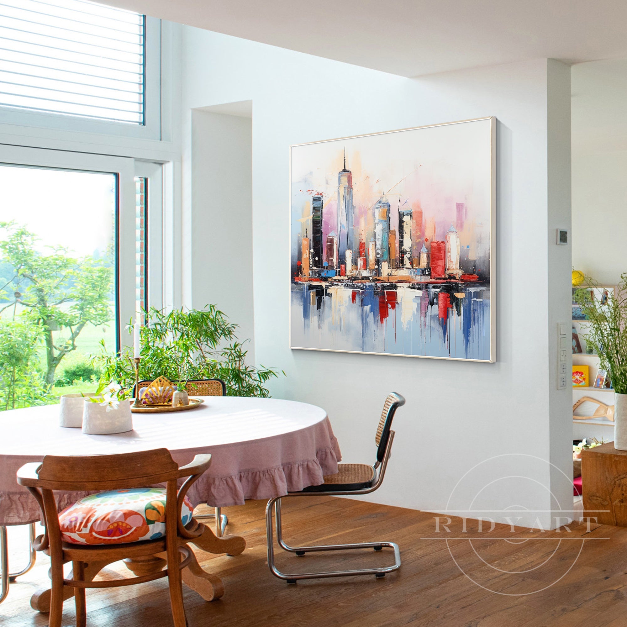 Abstract city painting in vibrant hues for contemporary interiors