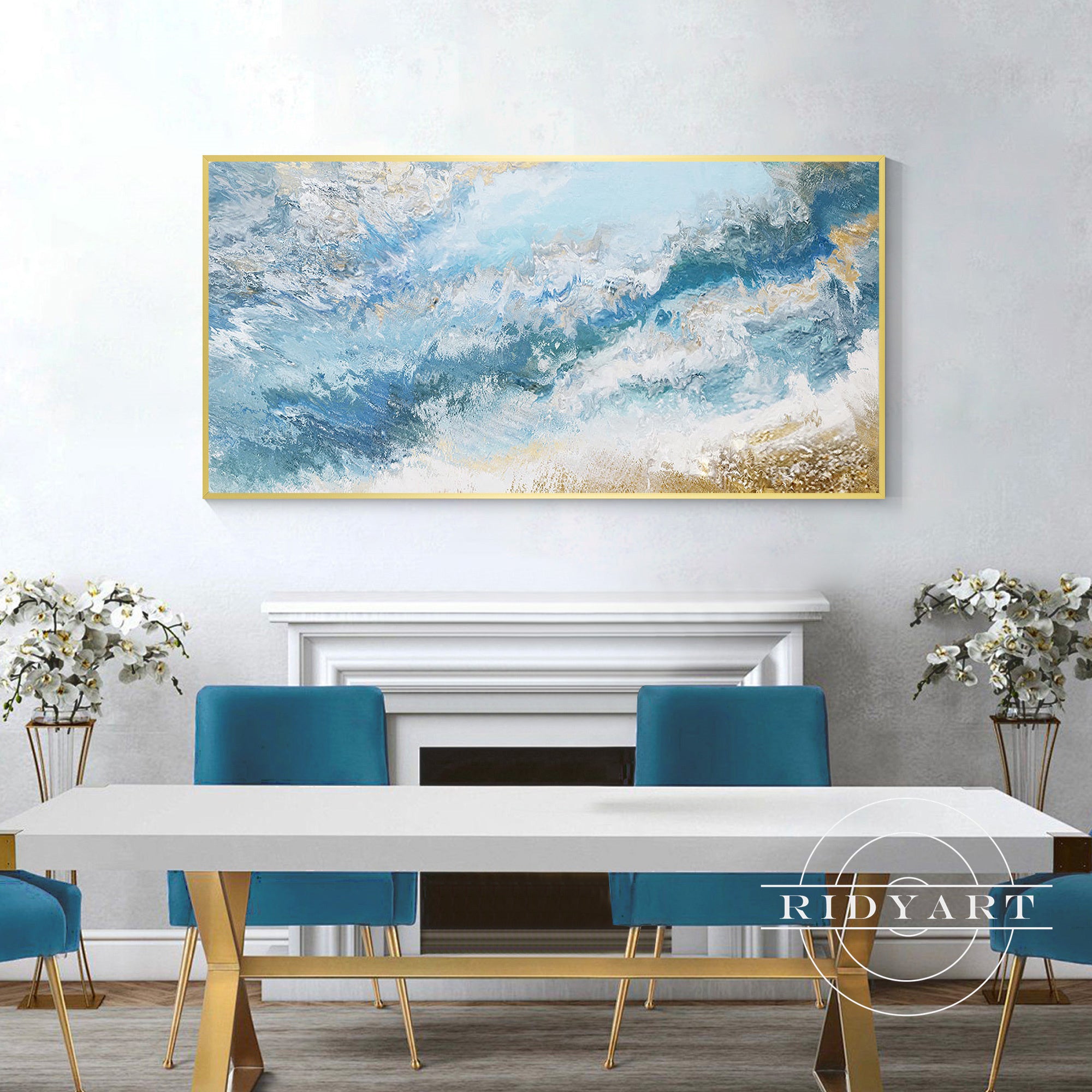 Hand-painted textured coastal wall art in blue and gold