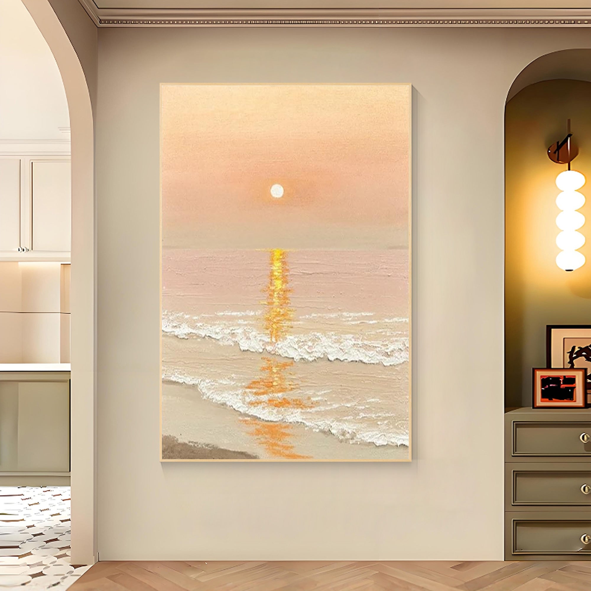 Abstract dawn ocean painting in soft pastel tones for living room