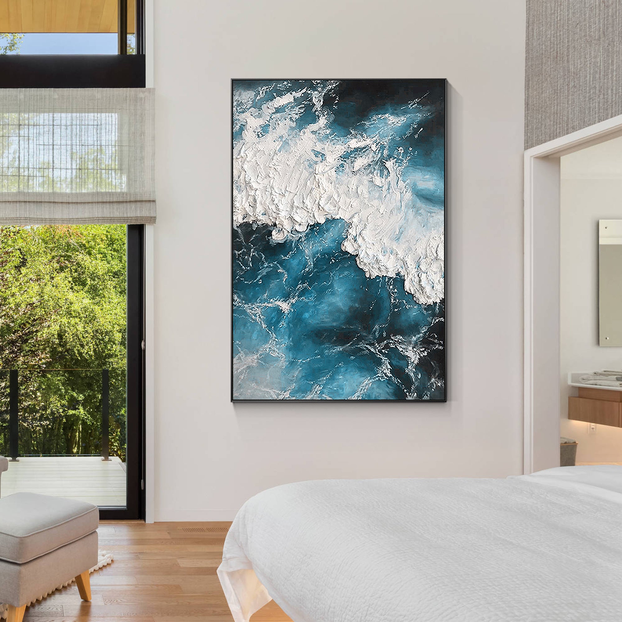 Rolling waves on deep blue sea oil painting with heavy brushstrokes