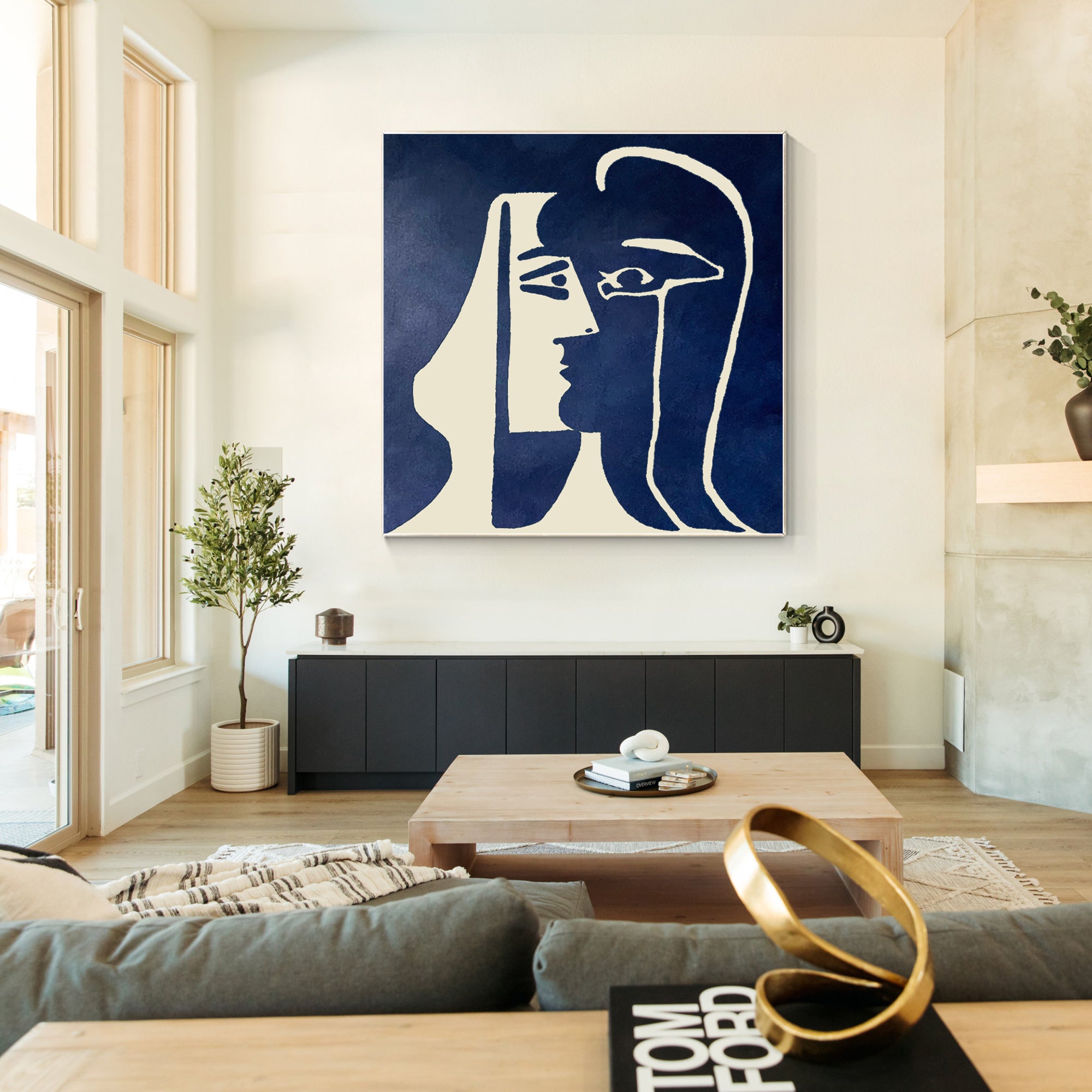 Contemporary cubist-inspired face painting in contrasting blue and white