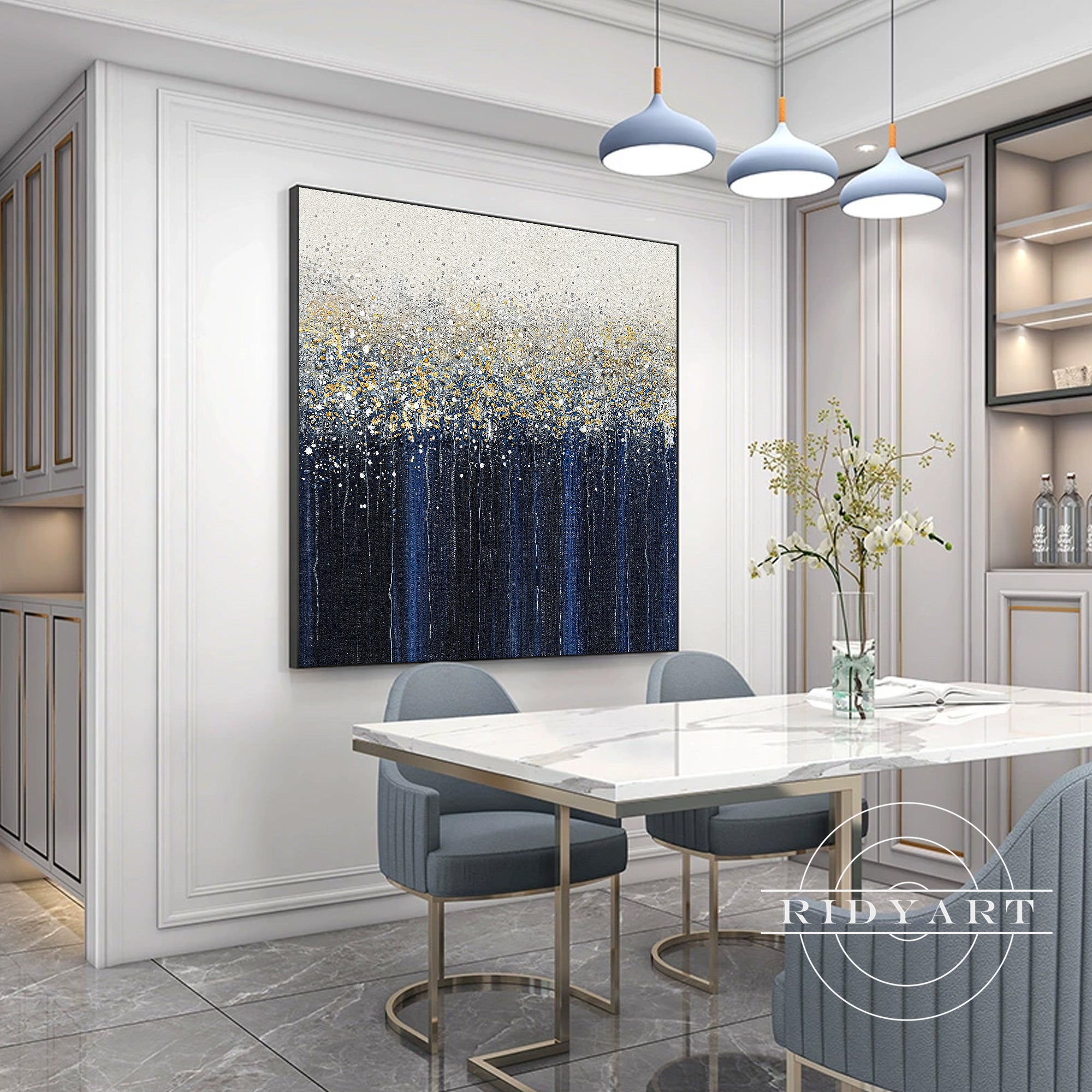 Hand-painted blue flower metallic wall painting