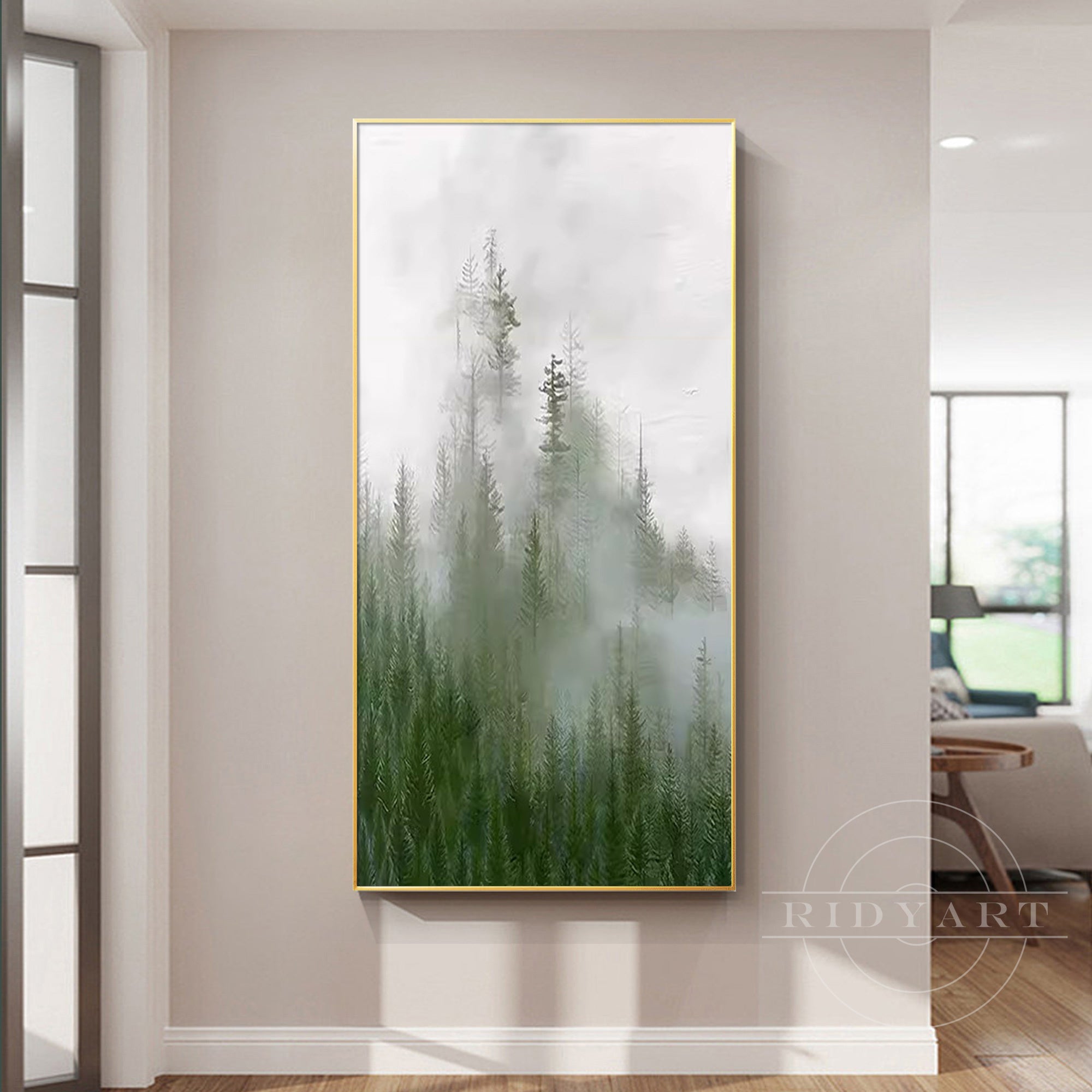 Abstract foggy forest artwork with green trees and a gray misty background