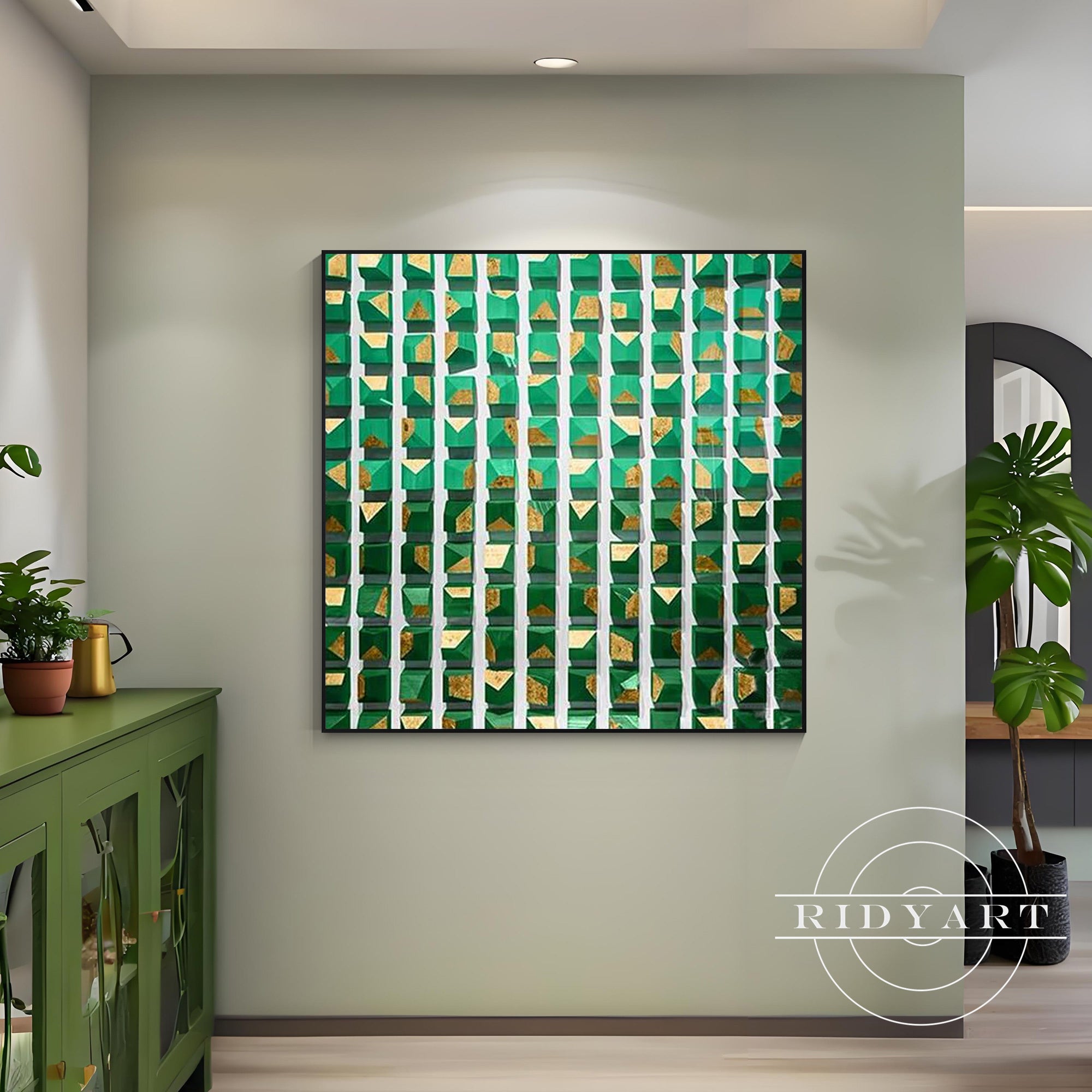 Handmade wooden wall art in green and gold cube mosaic design