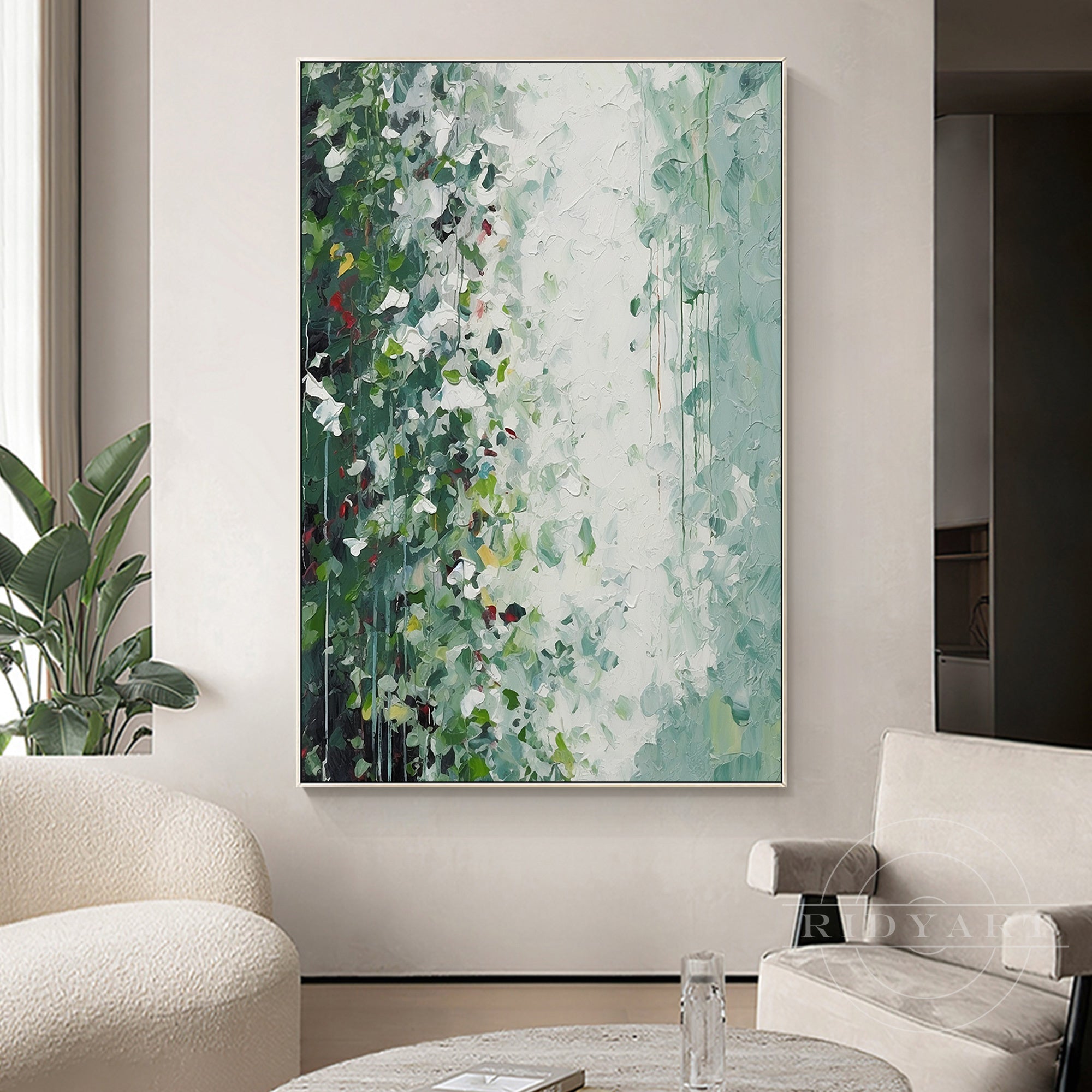 Abstract green leaf textured painting with mint and emerald green shades.