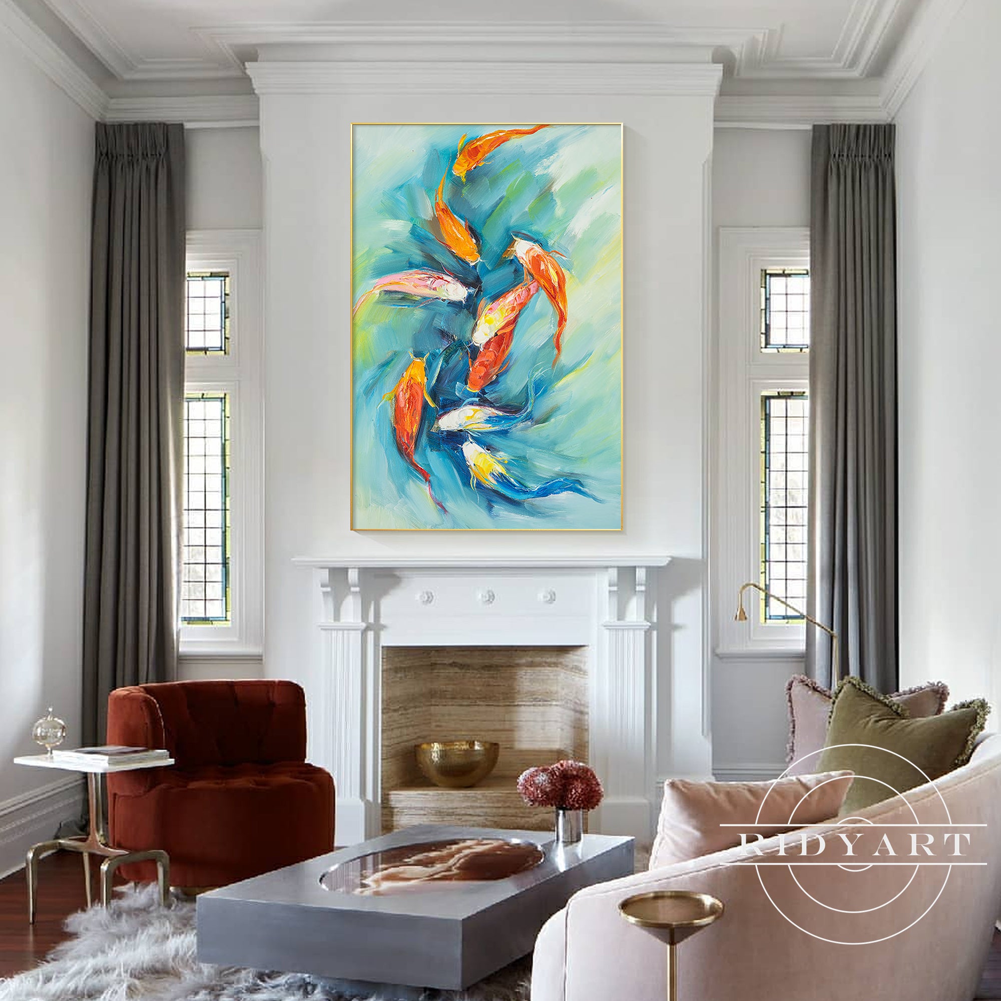 Colorful koi fish abstract artwork with texture