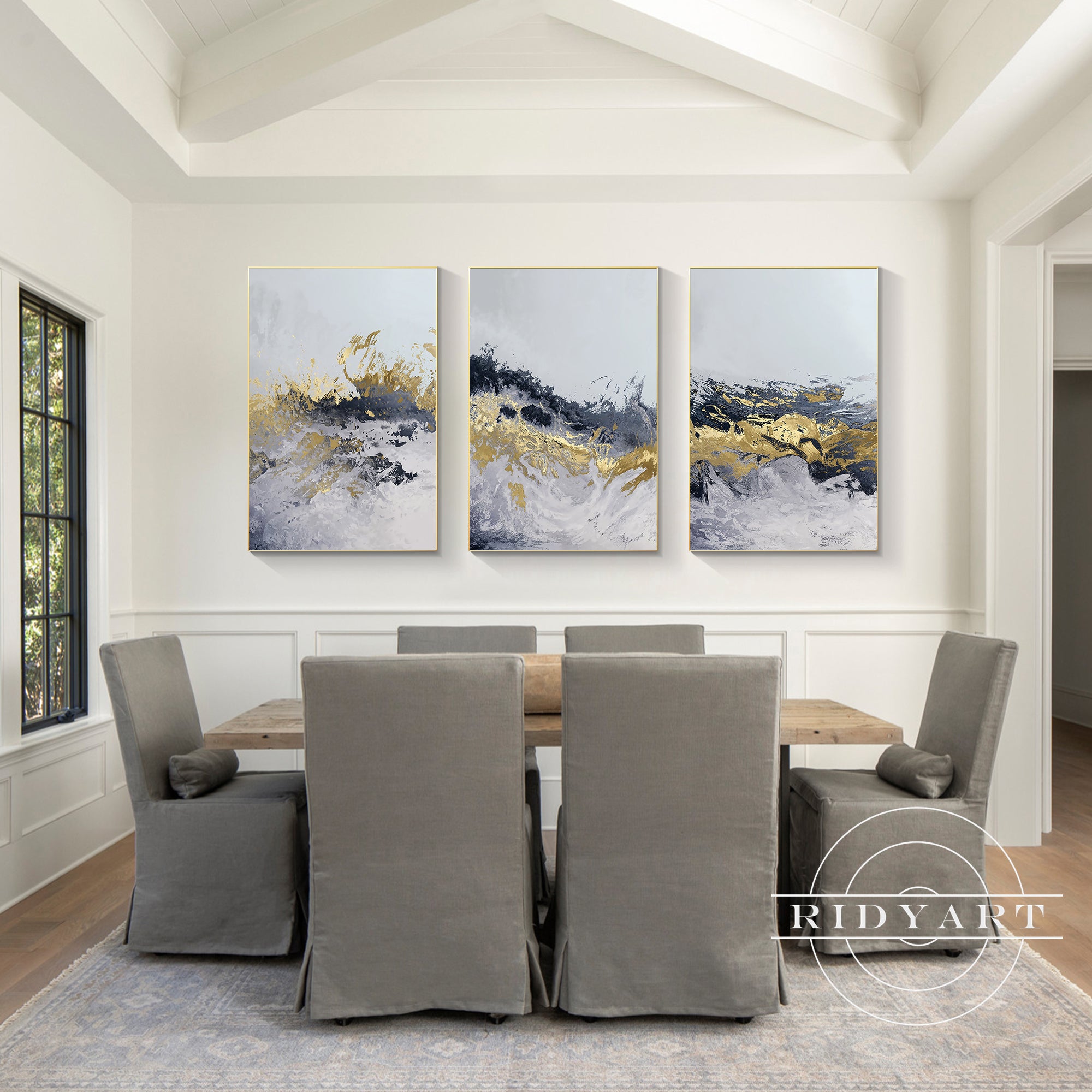 Modern abstract mountain wall decor in gold and blue tones for living rooms.