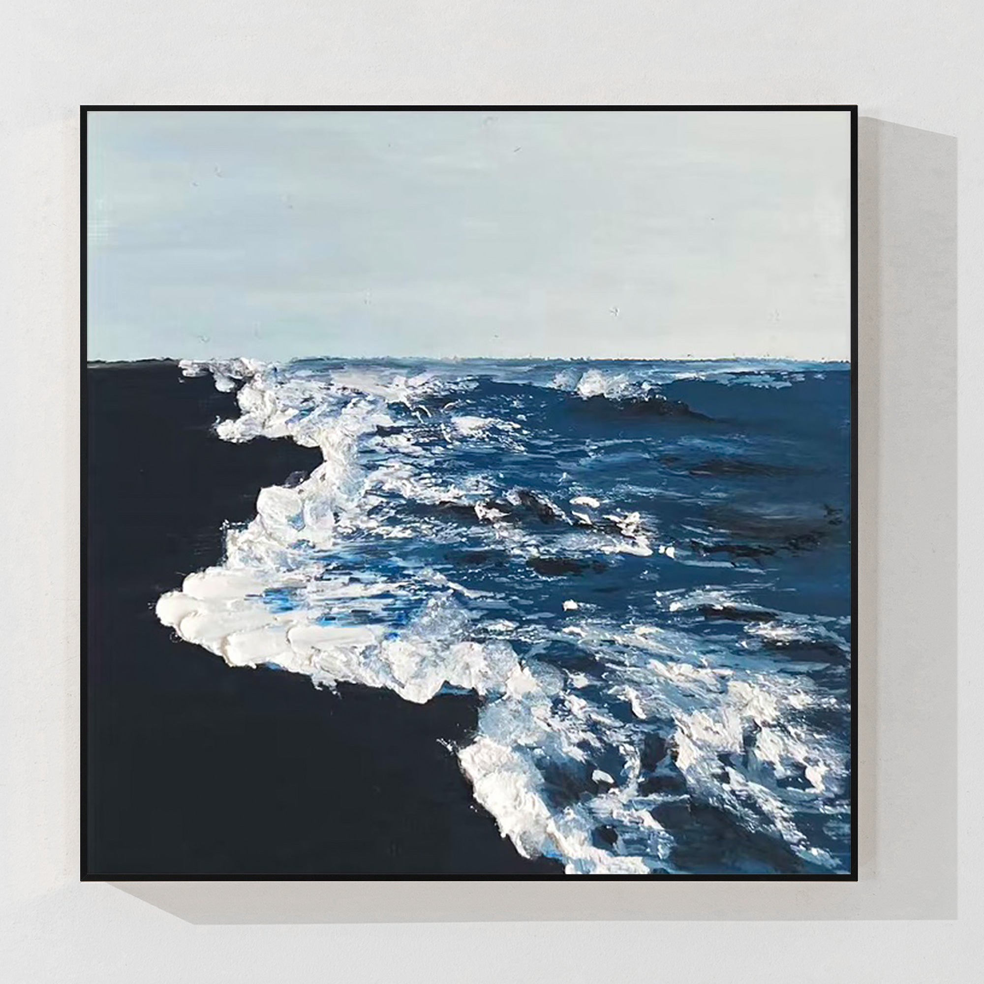 Abstract navy blue ocean painting with textured white waves