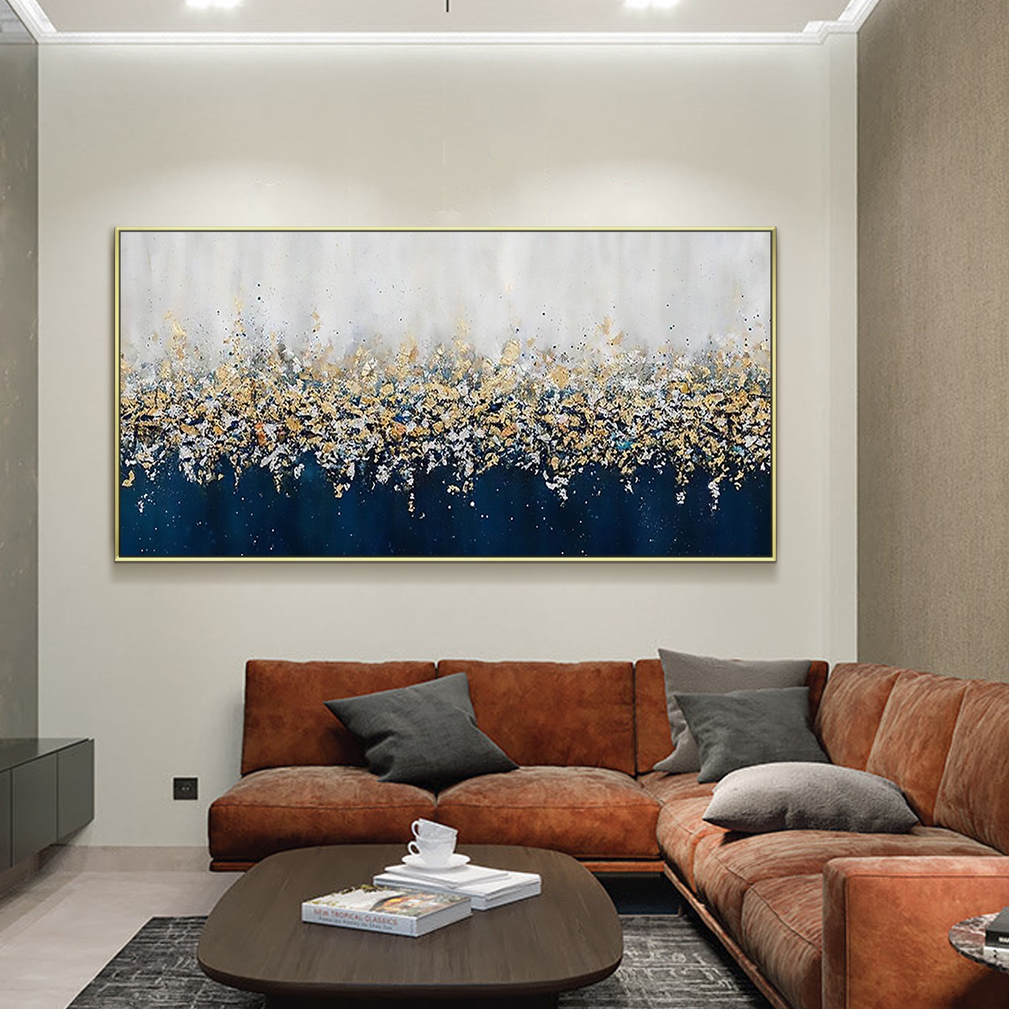 Modern wall art featuring navy blue tones with gold and silver highlights