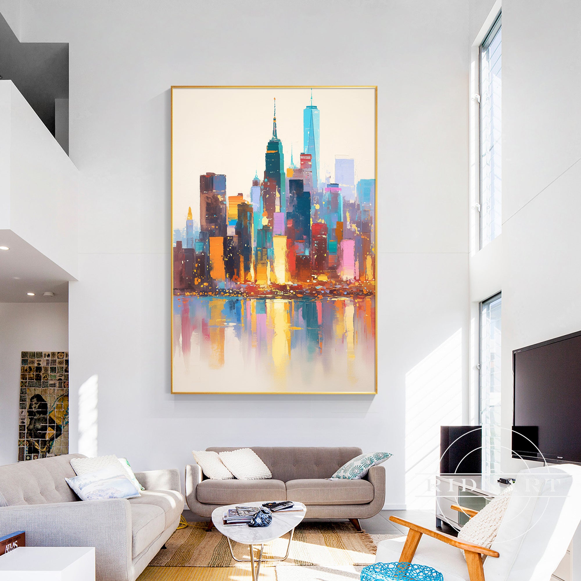 Modern city skyline wall art with vibrant reflections and lights.