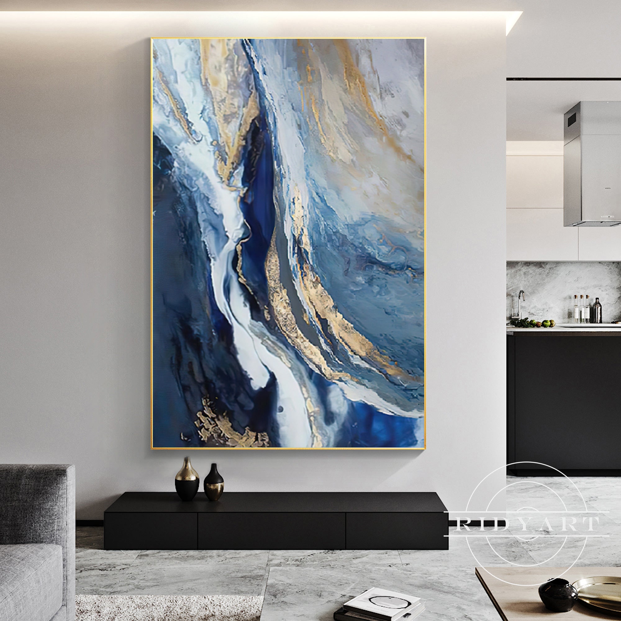 Elegant navy blue and gold ocean-inspired painting for modern interiors