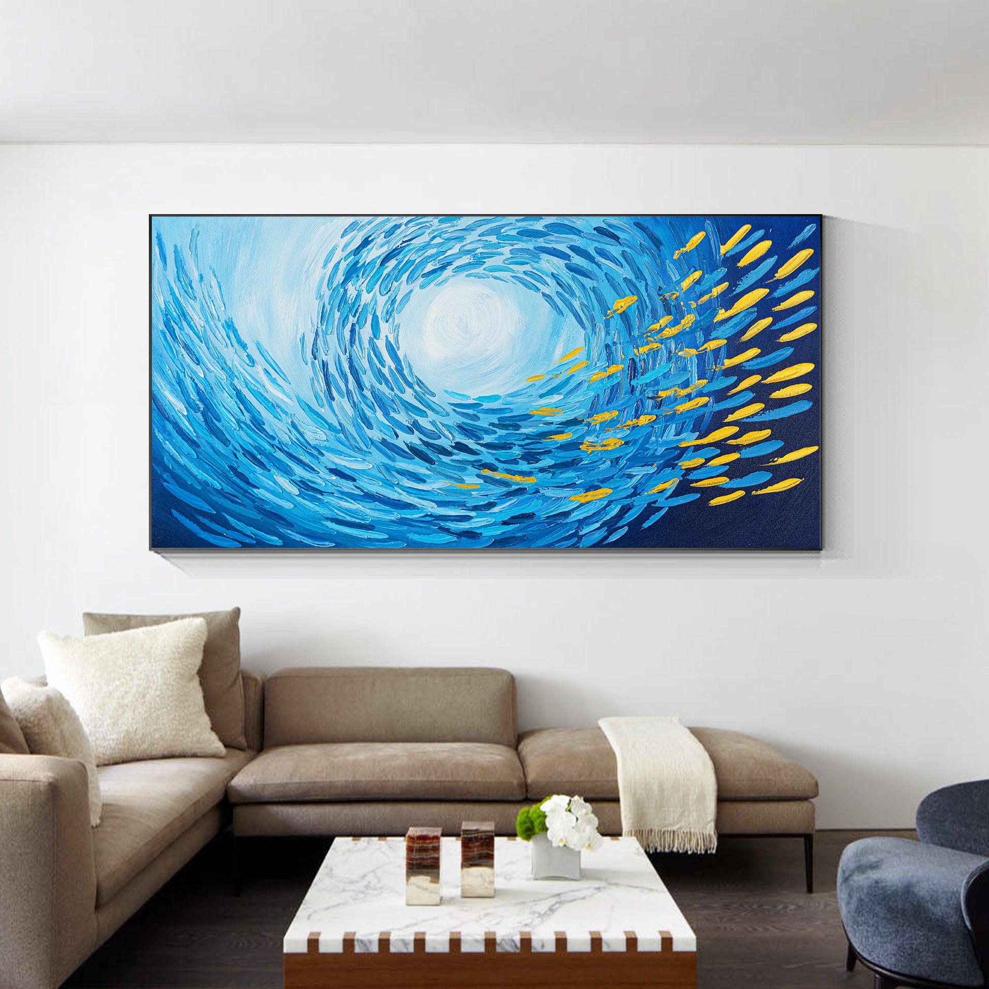 School Fish Abstract ocean swirl painting with yellow fish swimming in formation