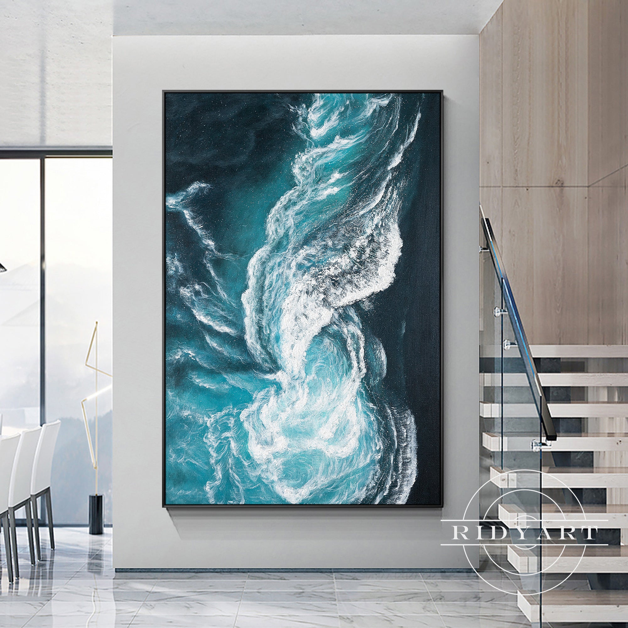 Teal and white wave-inspired abstract painting for home decor.