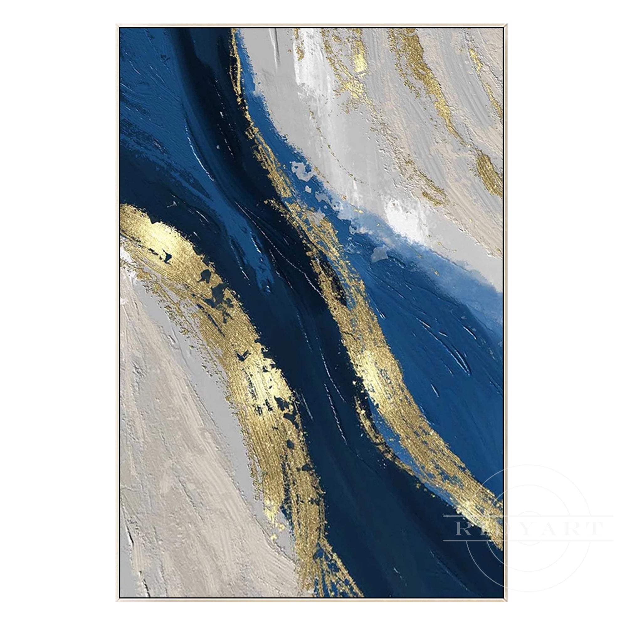 Bold textured wall art inspired by ocean waves in navy and gold colors