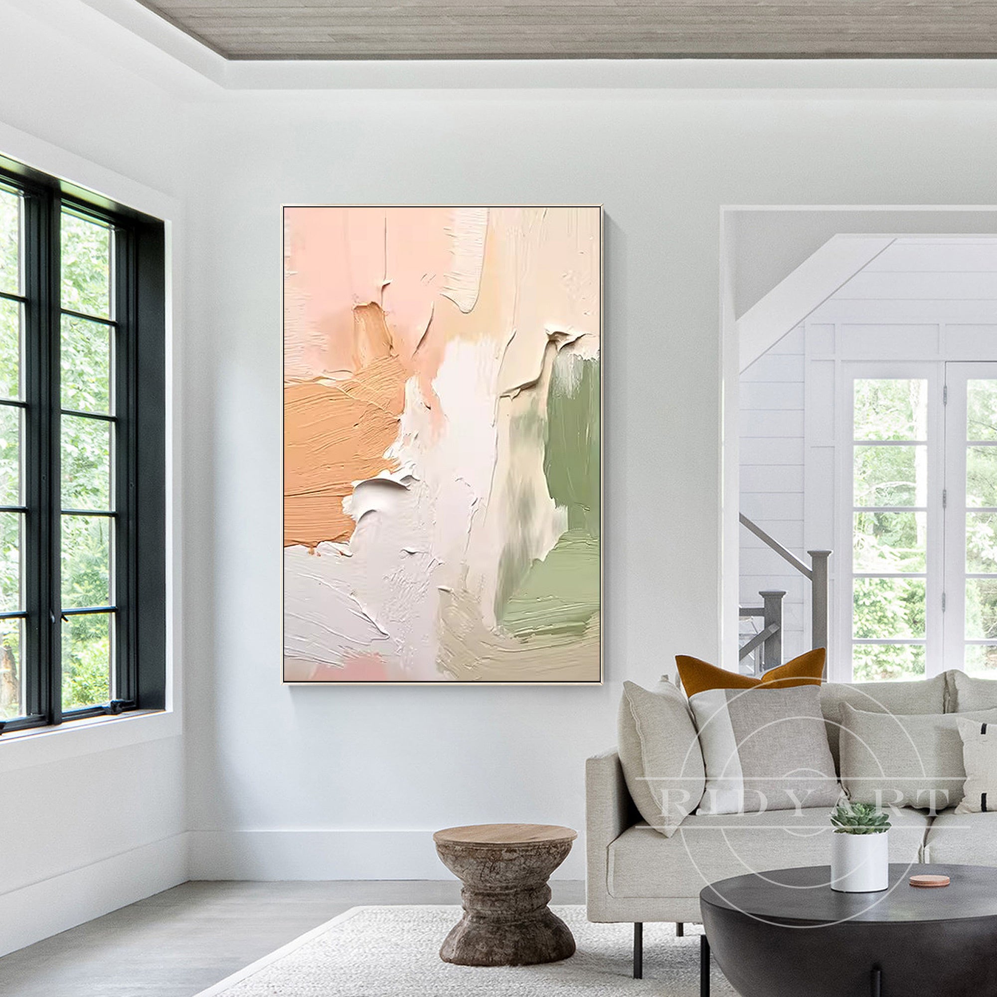 Hand-painted abstract art with pastel tones of cream, beige, and pink