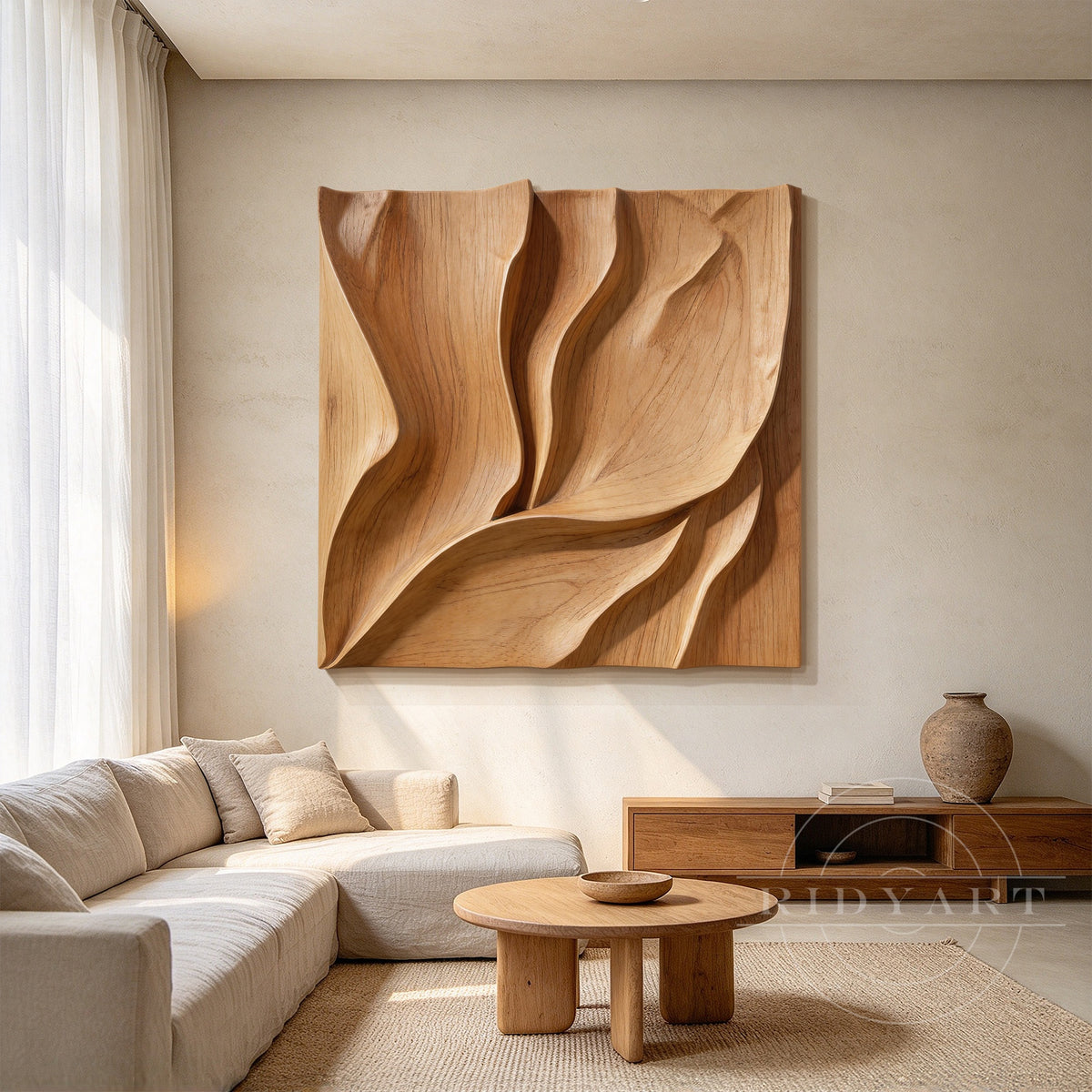 Close-up of undulating carved wood channels and natural grain