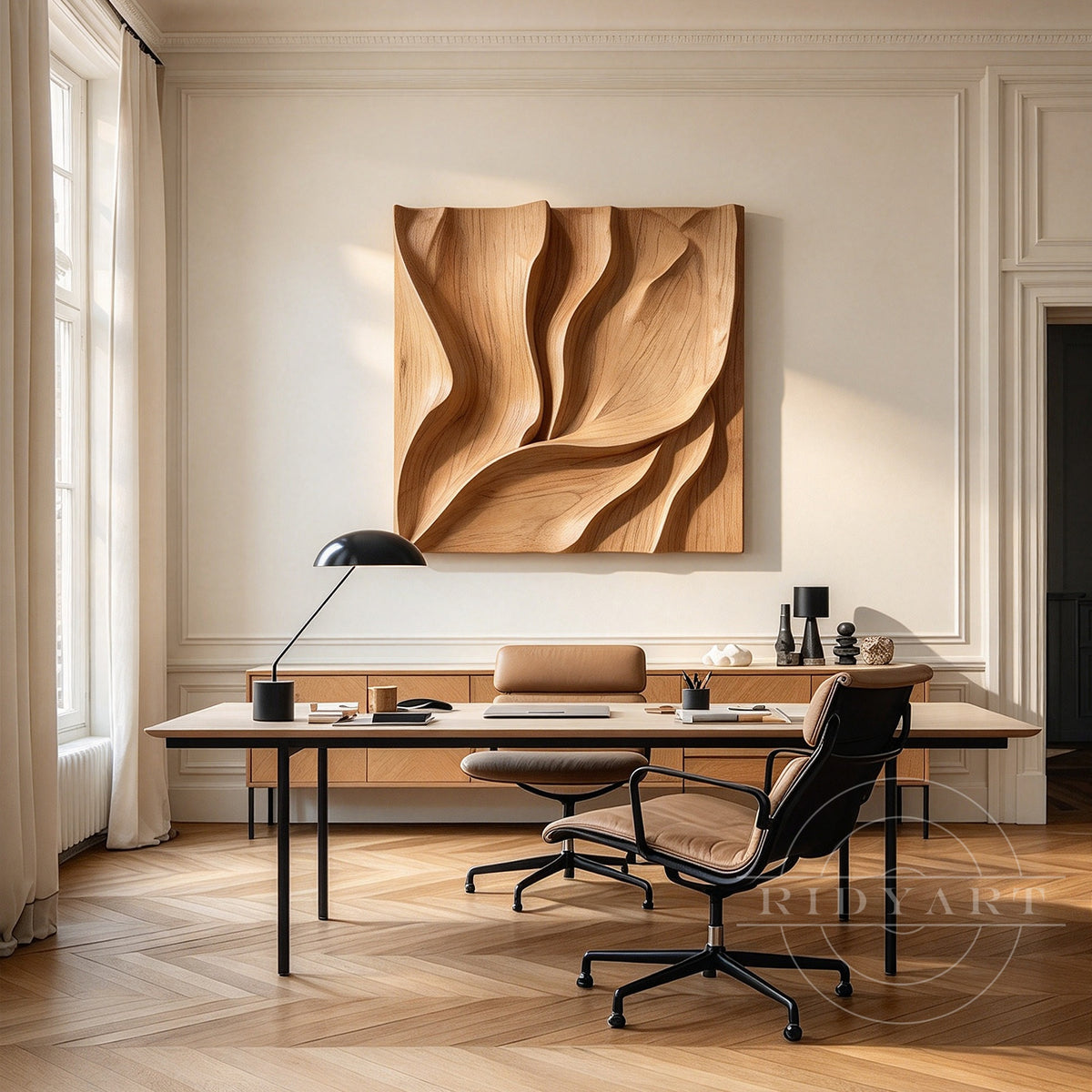 Carved organic wood art in warm beige and honey brown tones