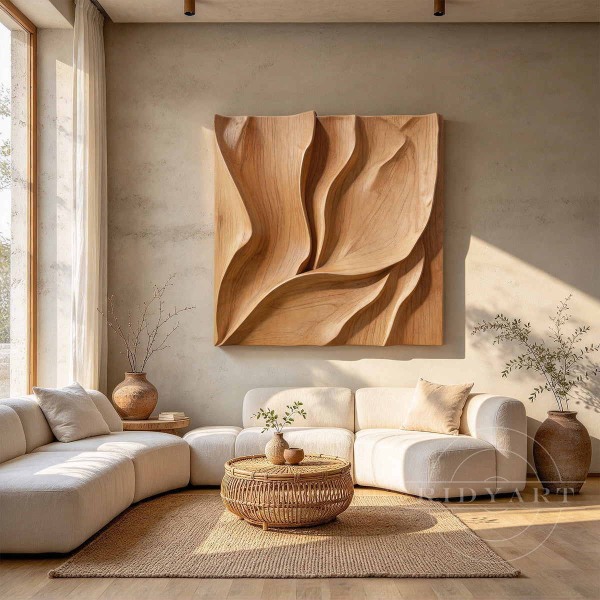 Abstract organic wood wall art on neutral plaster wall in Japandi room