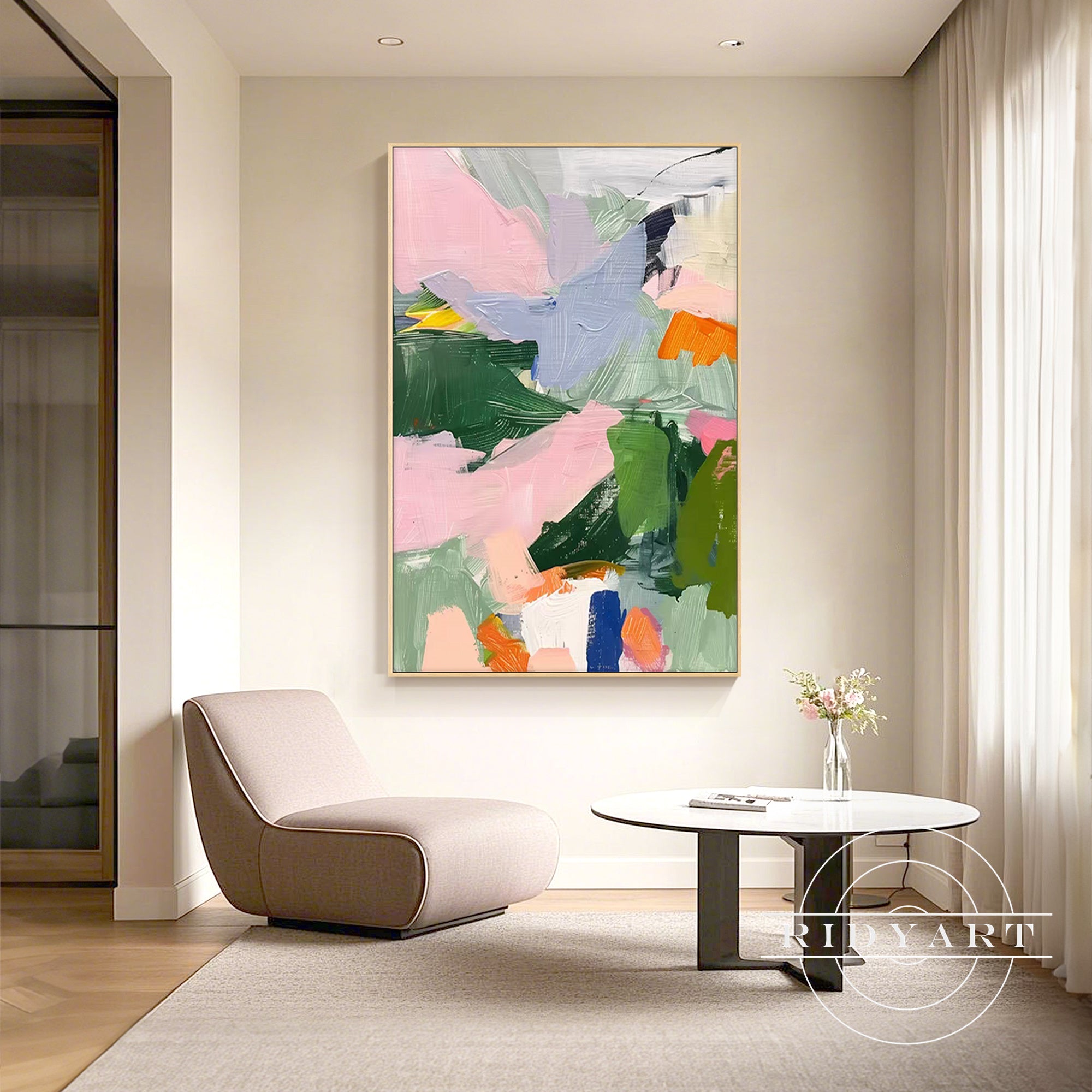 abstract pastel pink and green textured canvas painting