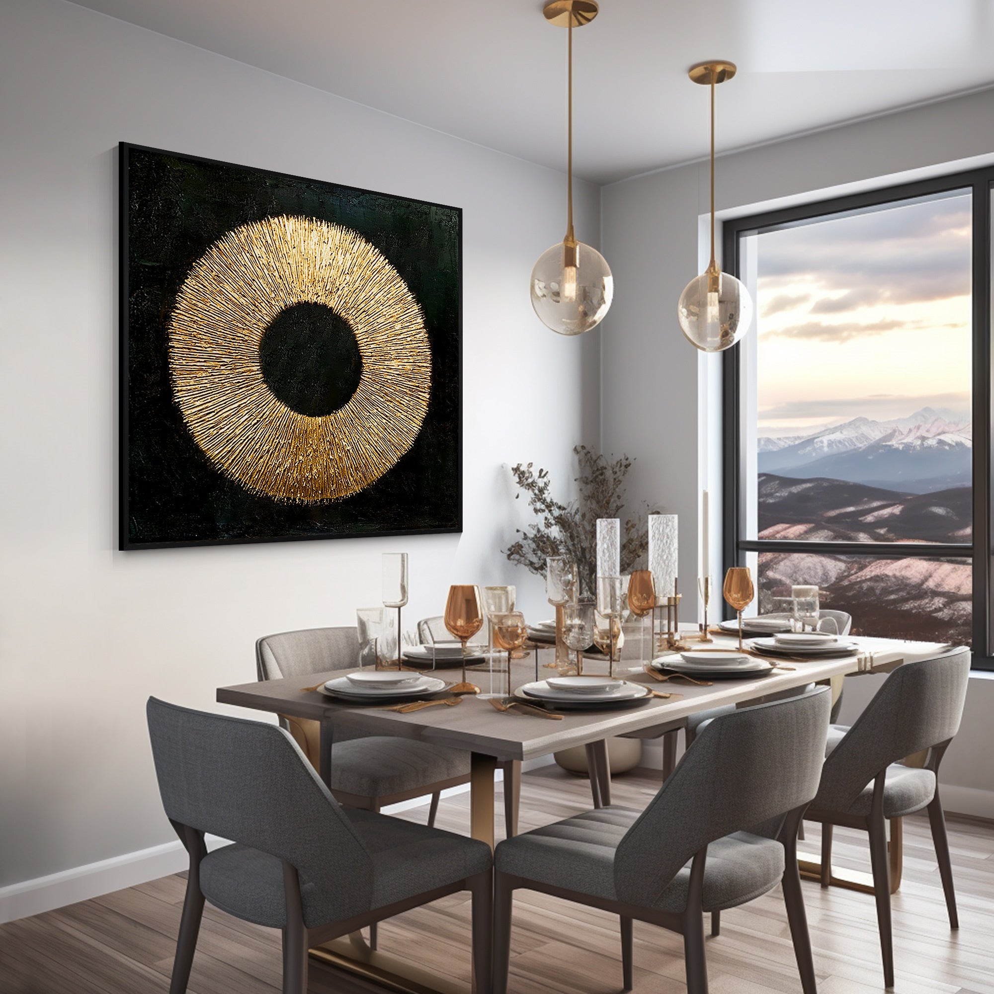 Round Enso circle painting in black and gold with unique textures.