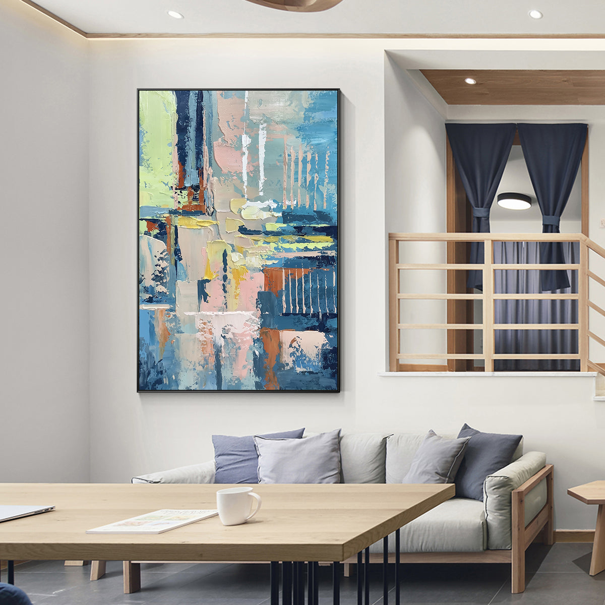Large vertical abstract canvas art for contemporary living room decor.