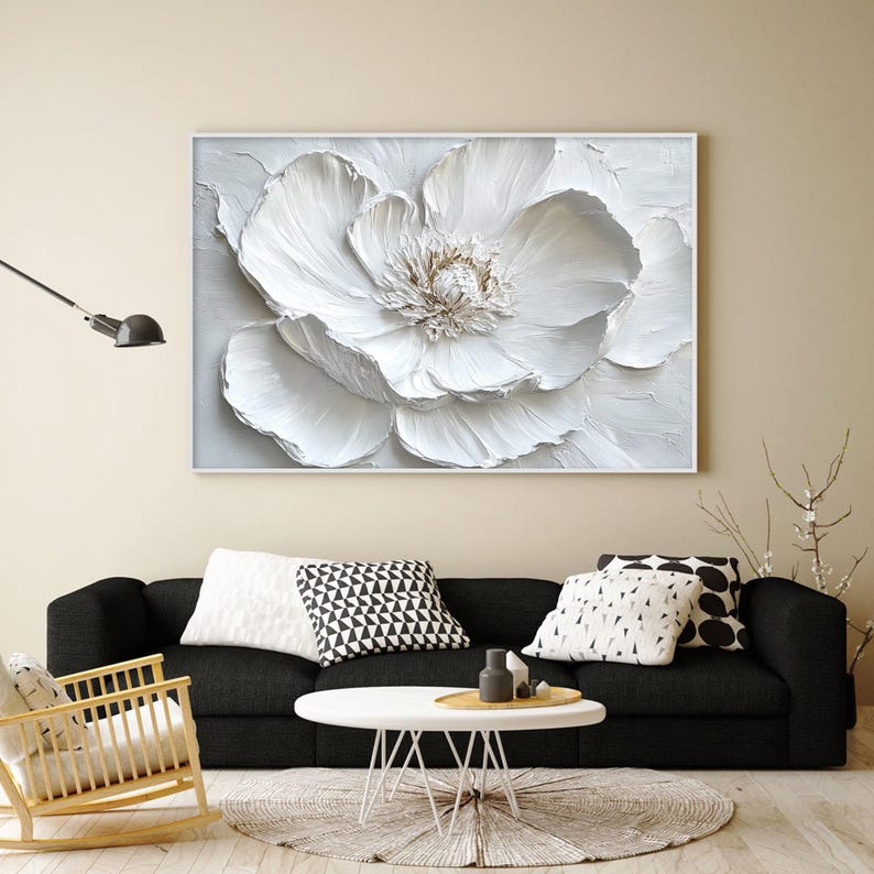 Abstract white flower oil painting with 3D impasto texture