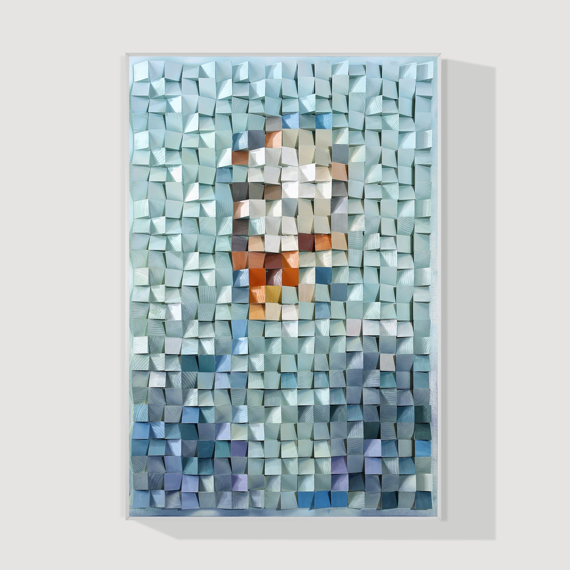 Abstract wood mosaic wall art made from reclaimed wood
