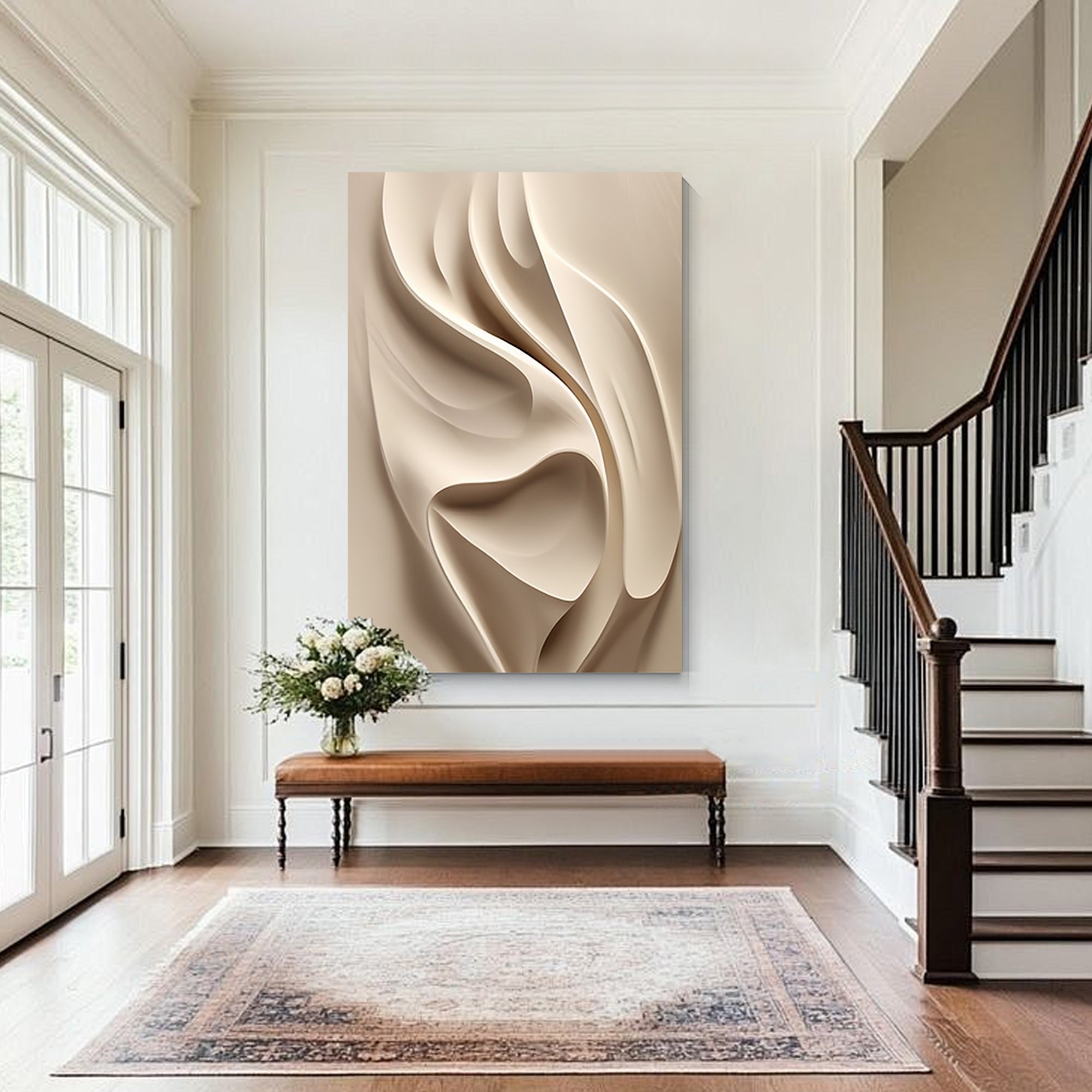 Hand carved wooden abstract wall sculpture in beige