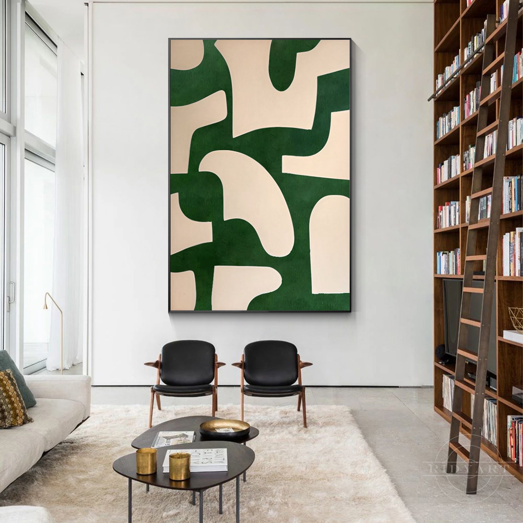 Beige and emerald green abstract art painting on canvas with organic shapes. Vertical oversized minimalist wall art for modern home decor.


