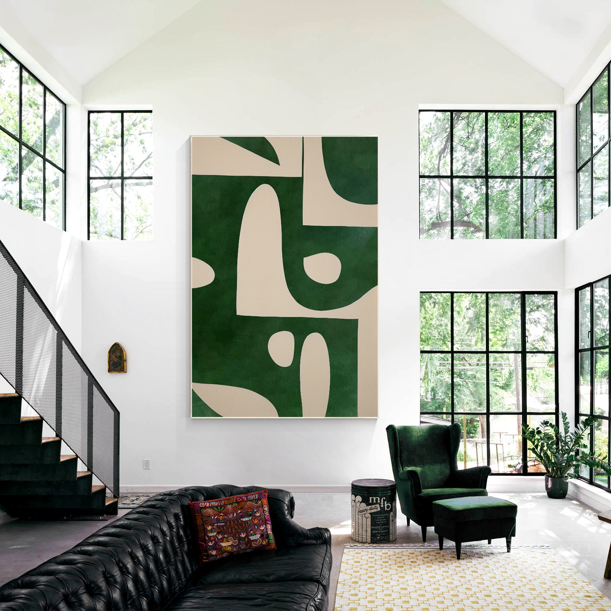 Beige and emerald green vertical abstract art painting on canvas with organic shapes. Large oversized minimalist wall art for home decor.

