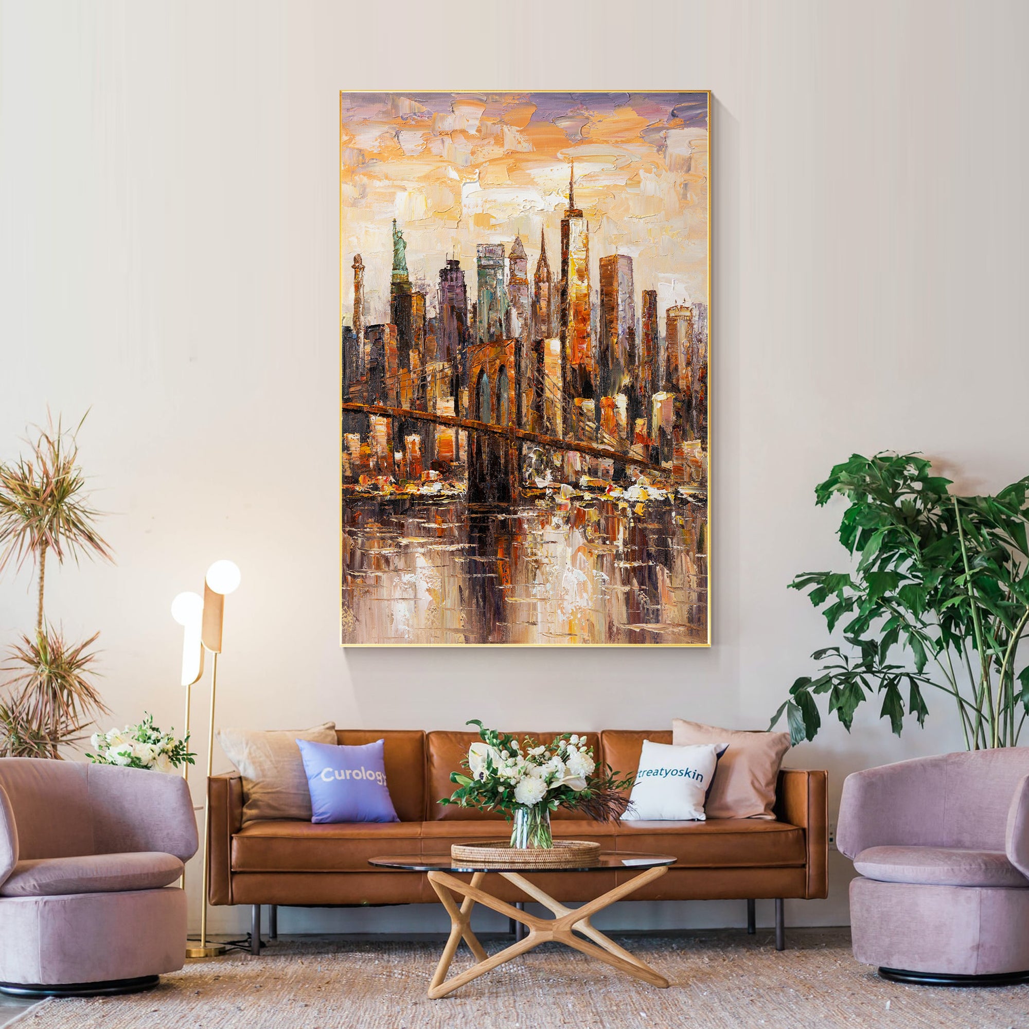 Textured Brooklyn skyline painting, featuring abstract city wall art for contemporary spaces.