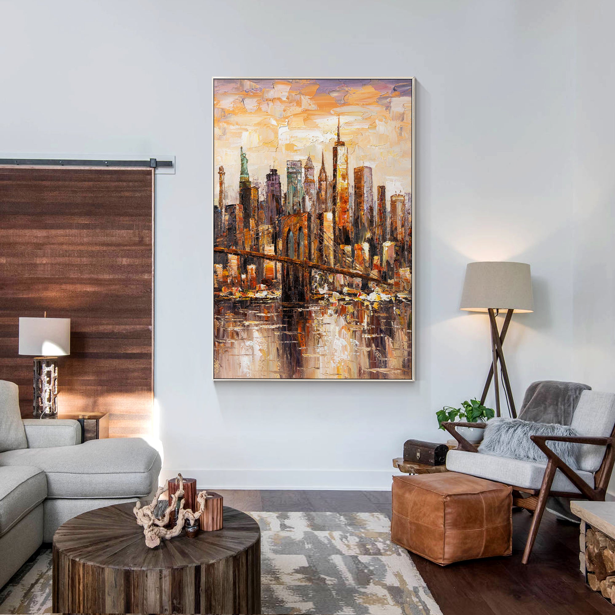 Brooklyn skyline abstract wall art with bold textures, ideal for living room or office decor.