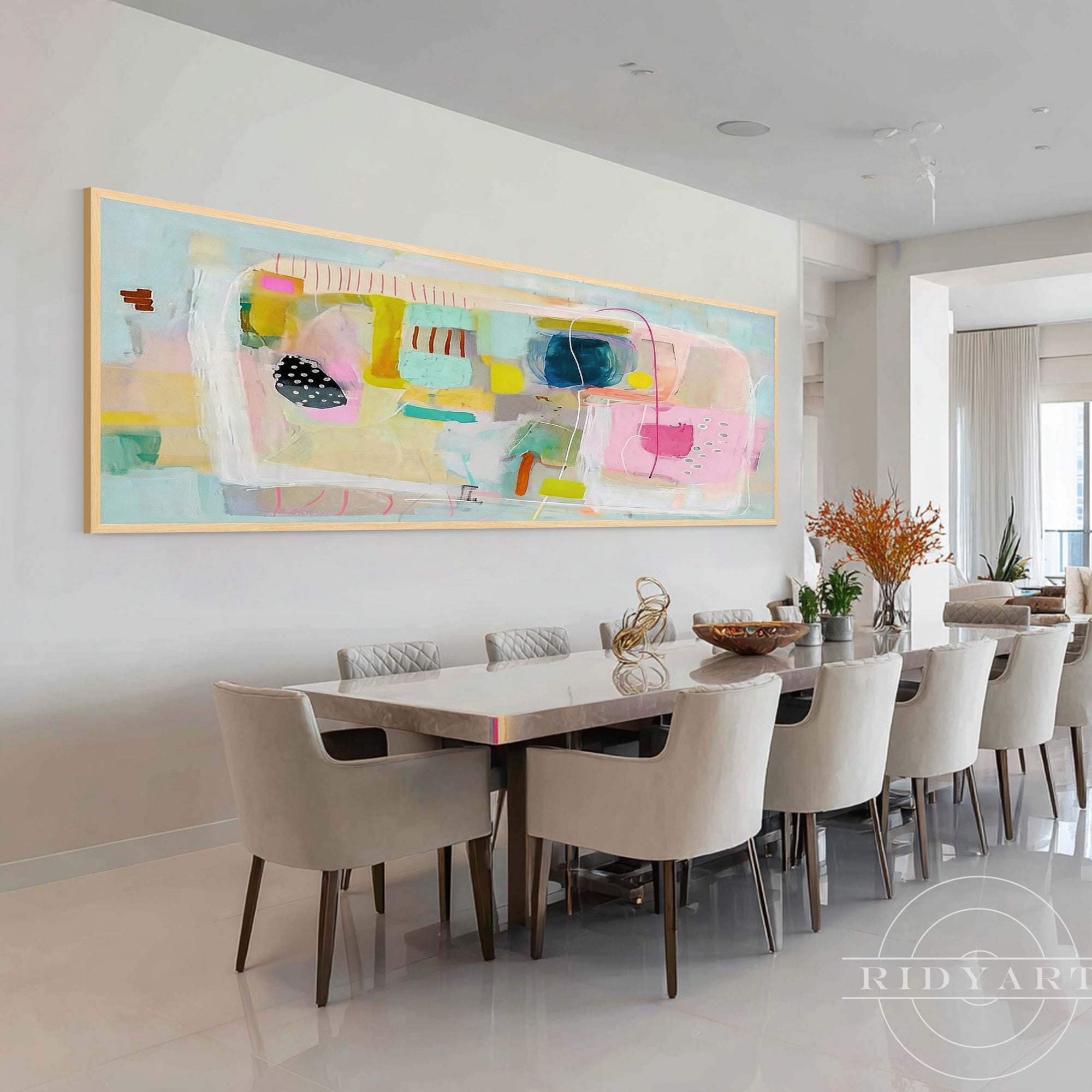 Horizontal abstract wall decor with colorful geometric accents and soft pastel palette.