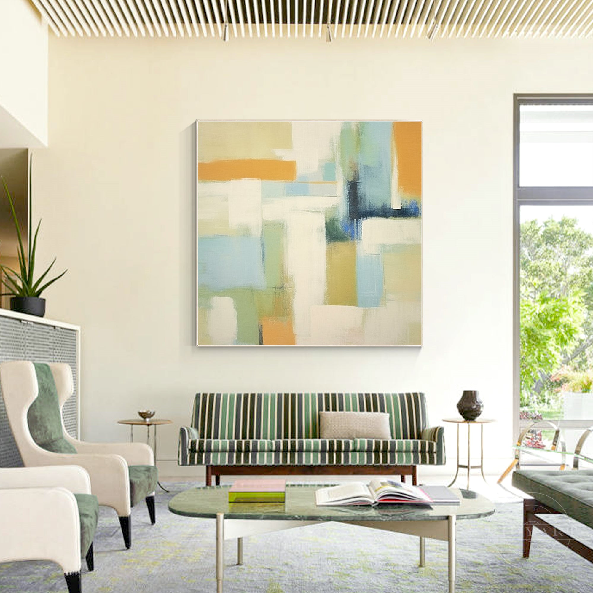 Abstract geometric beige warm-toned painting on canvas. Extra-large square wall art for modern and minimalist home decor.

