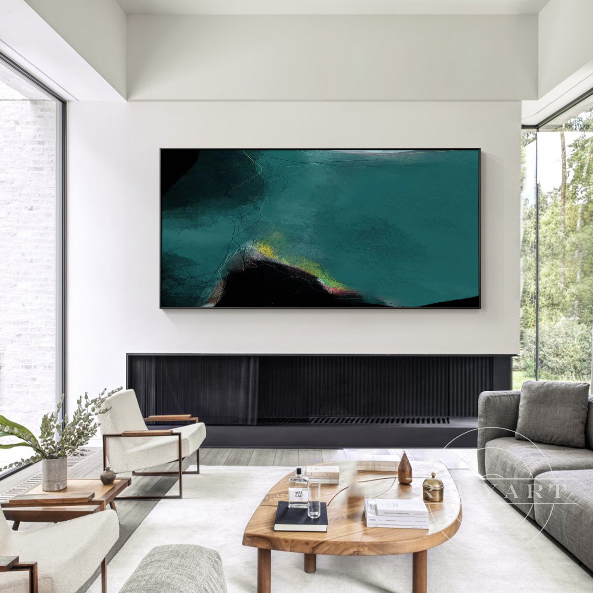 Abstract Ocean Reef Art – Dark Green and Black Painting for Living Rooms